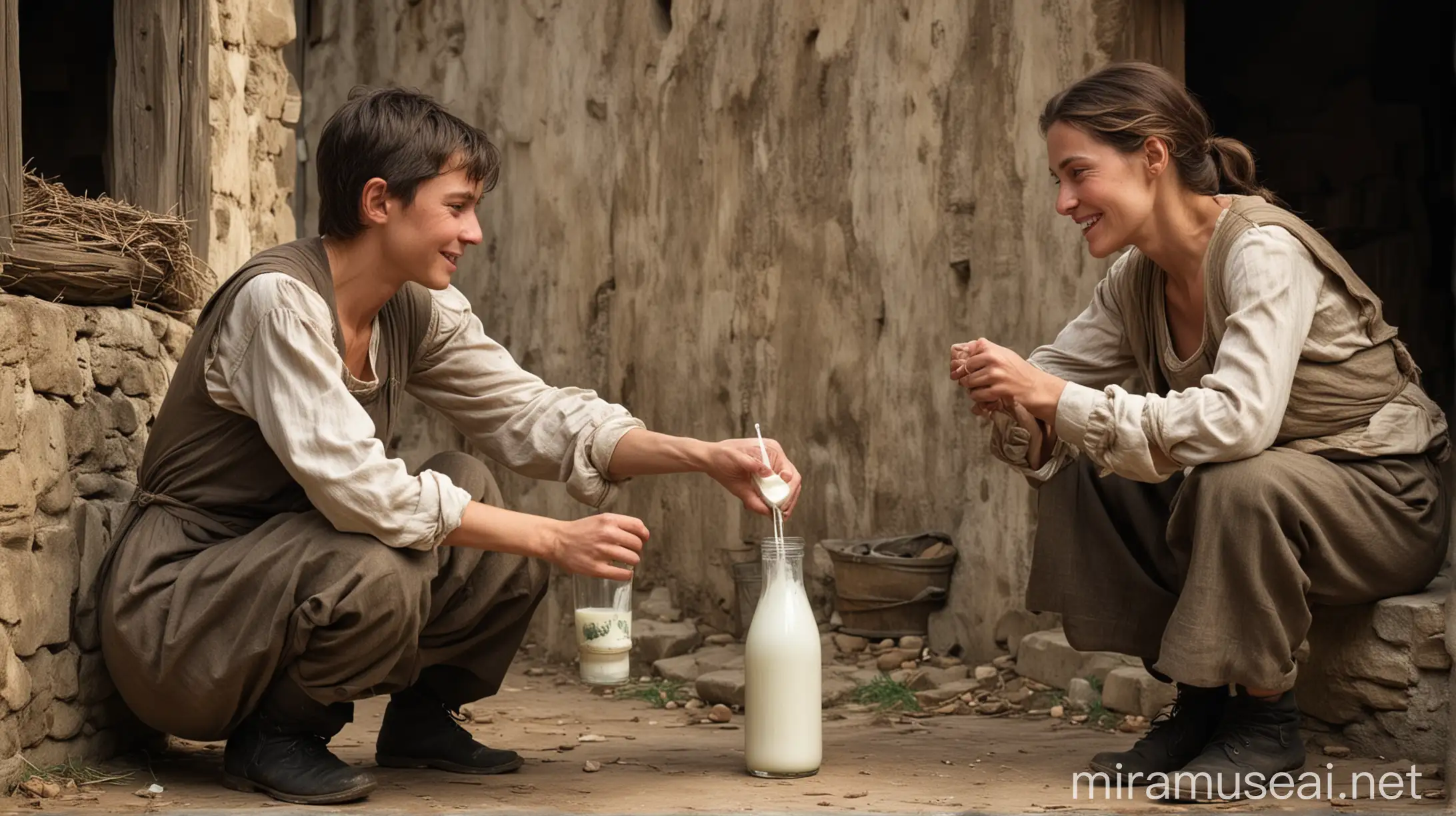 Generous Woman Offering Milk to Young Man in Old Village