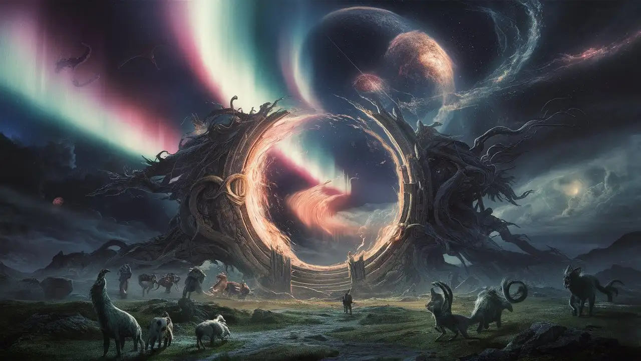 In a realm where time bends and twists, a time portal that connects multiverse, capturing the mysterious beauty of enchanted unknown events. The sky glows with an ethereal light soaring into the sky, a sky painted with auroras and celestial bodies in impossible orbits, and mythical creatures roaming freely.