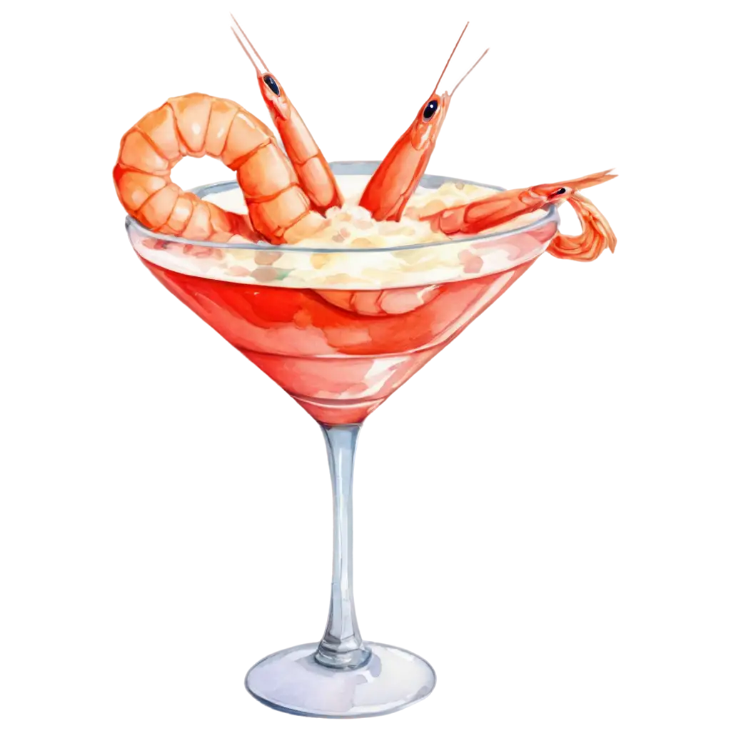 shrimp cocktail cartoon with a touch of watercolor no background a lot of shrimp in the cup
