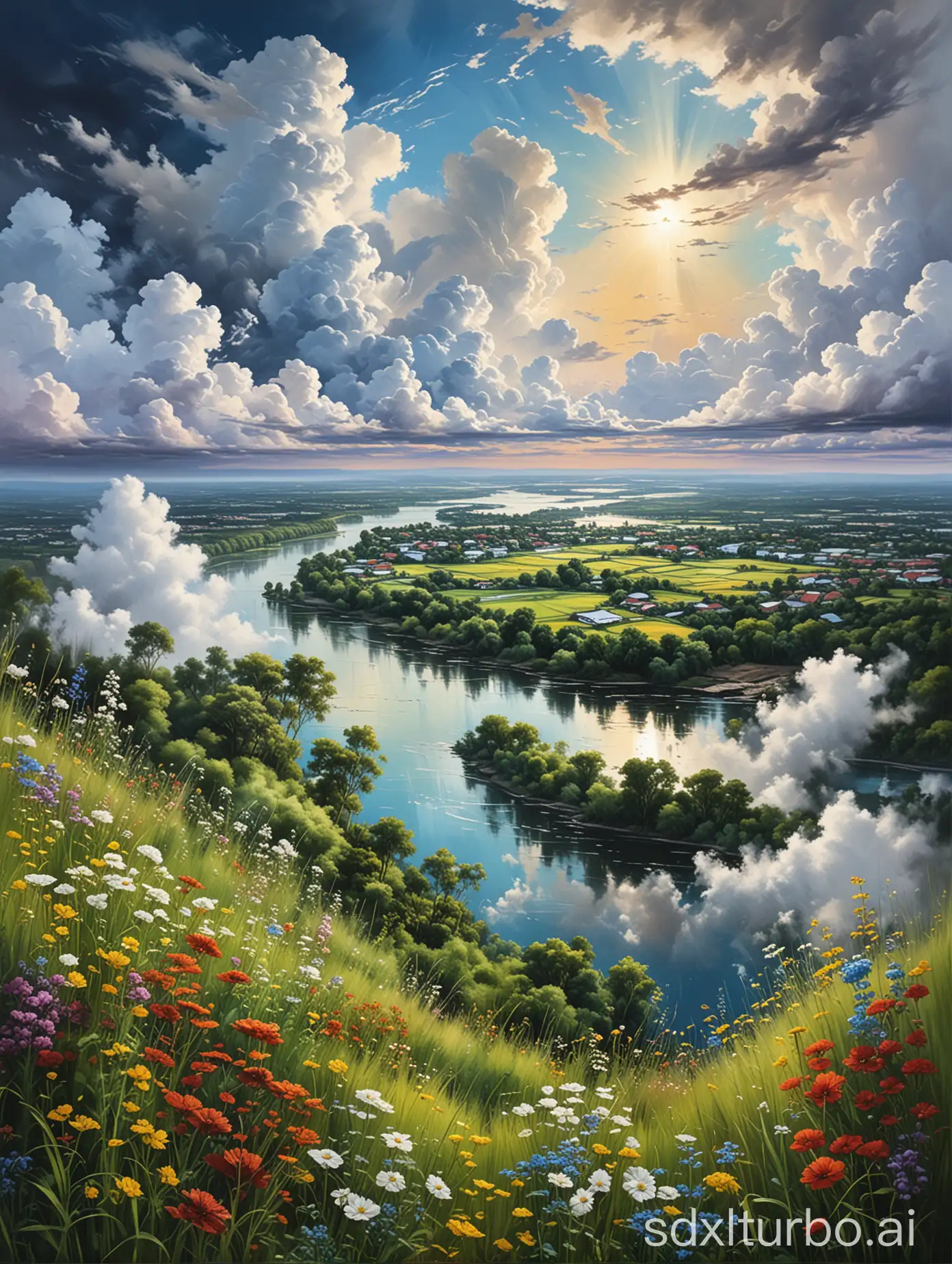 Abstraction &  realism painting style,skyline penthouse claim by trees,high grasses and different kinds of flowers,far below is river and greeneries,high angle view,vibrant,fluffy white clouds,cinematic,bright