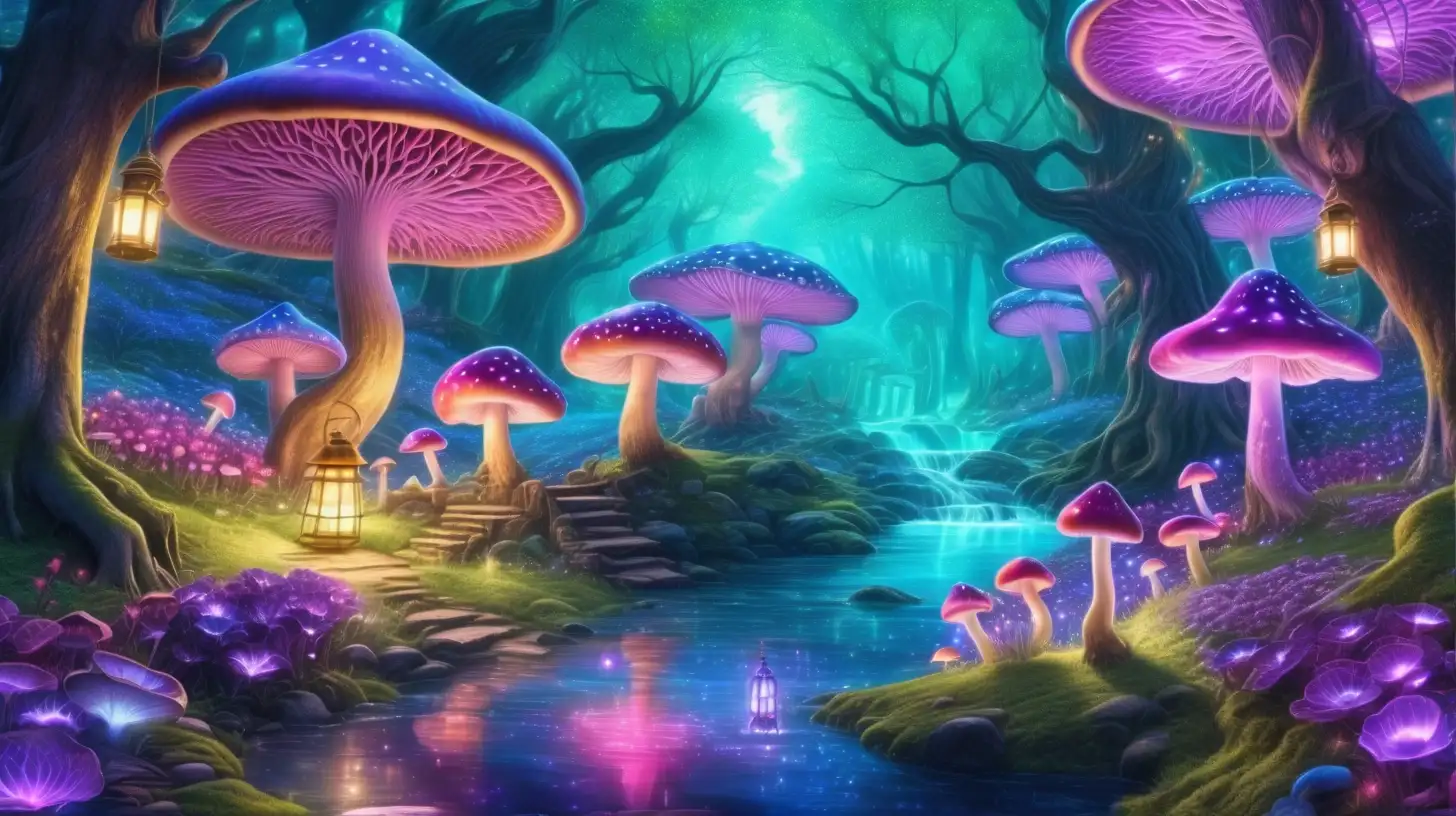 Forest of Bright royal-green and blue big, flower trees, purple, pink. Bright-purple-river. Daylight, 8k, fairytale mushrooms, glowing. Magical, fantasy and potions and golden vintage lanterns. Mushroom-lanterns and florescent water portal