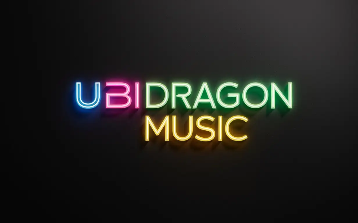 colorful neon text "ubidragon music" , logo,
black empty background