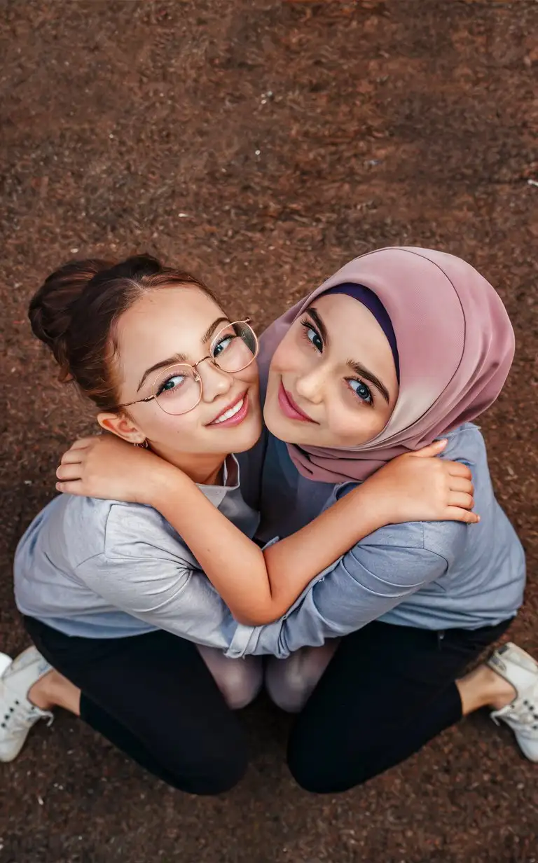 2 most beautiful teenage girls.  17 years old. They wear skinny shirt,
She is beautiful. They kneel on ground.
petite, plump lips.  Elegant, pretty, glasses. One girl wears a hijab. Bird's eye view, hugs