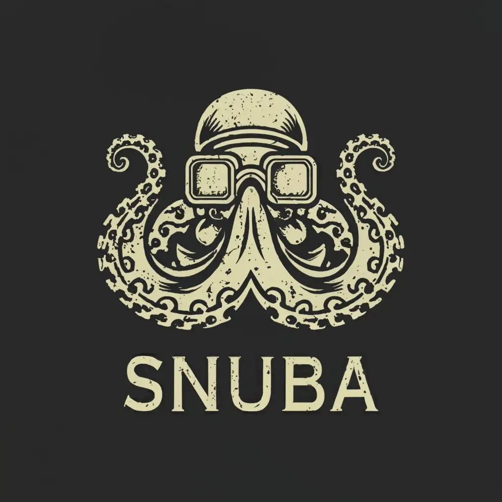 a logo design,with the text "Snuba", main symbol:Octopus diving  with old school helmet,complex,be used in Diving industry,clear background