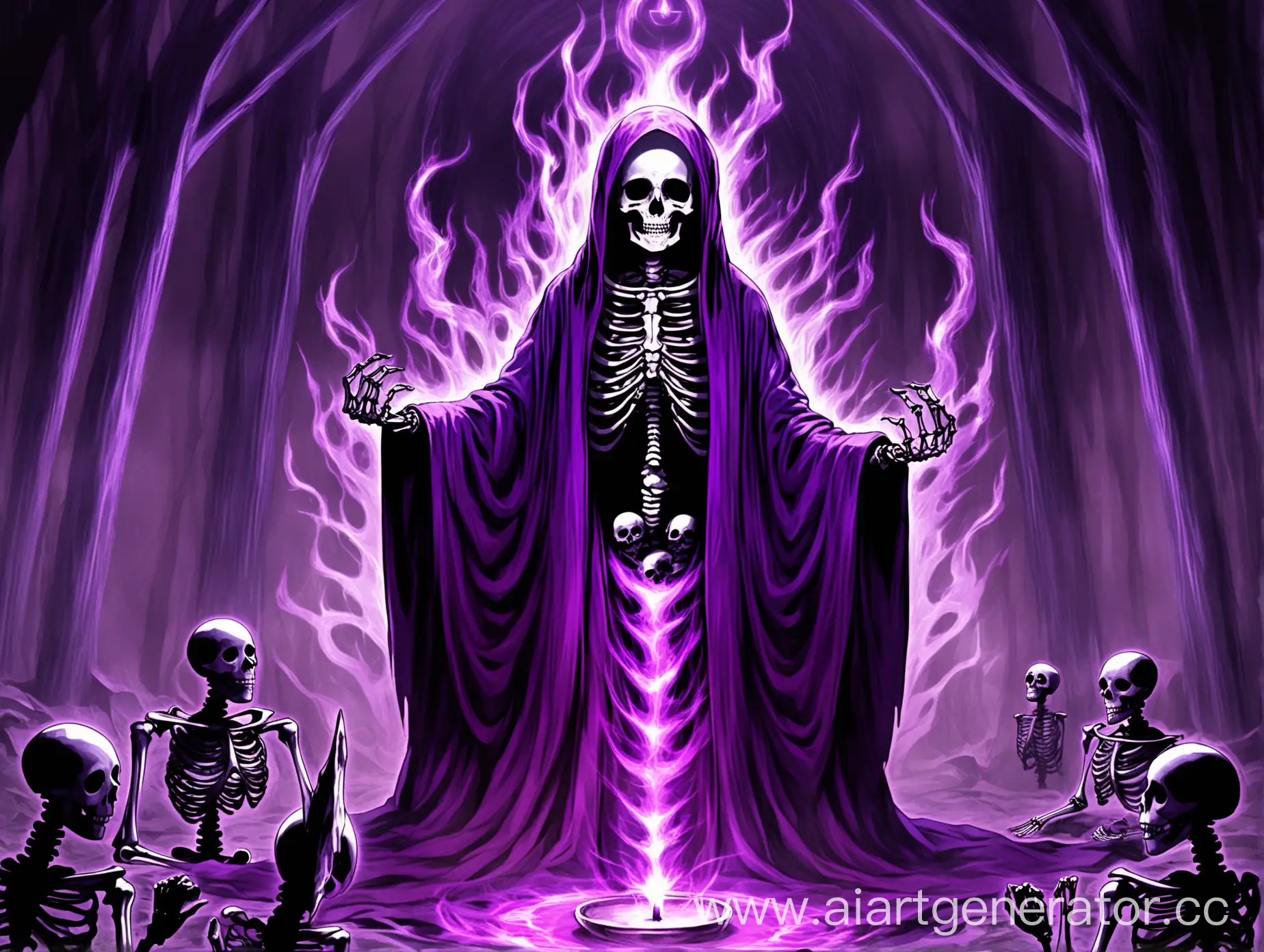 Скелет некромант в фиолетовом одеянии. Тёмно-фиолетовая аура, призыв нечести
