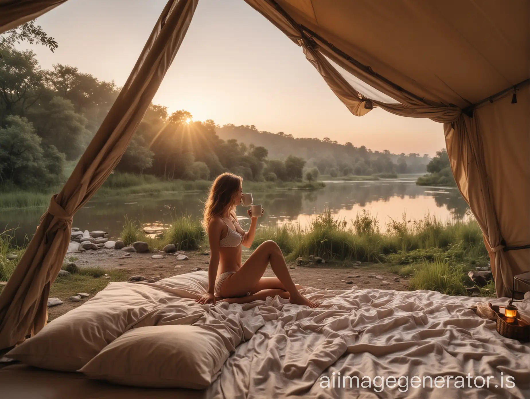 The most realistic photo taken with a professional camera. In the photo, a modern chicglamping tent with a view of nature, dawn, inside a young beautiful girl, in her underwear, just woke up, drinking coffee, enjoying a wonderful view of the wildlife, next to the river