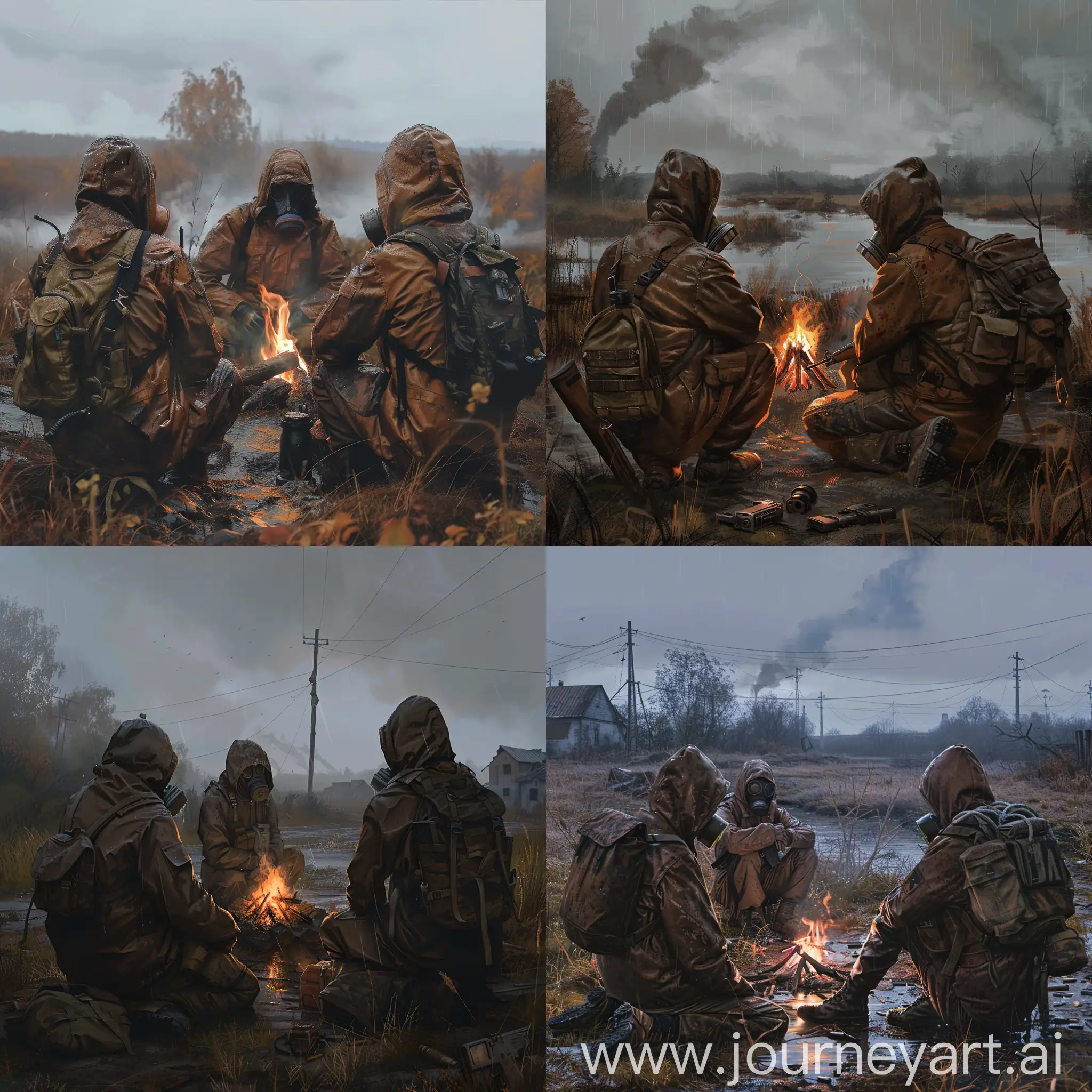 3 stalkers sitting by the small campfire, wearing brown jaket or dirty raincoat, gasmask, sniper soviet rifle or pistol, abandoned soviet village, radiation sky, Chernobyl, military vest, small military backpack on the back, gloomy autumn, digital art.