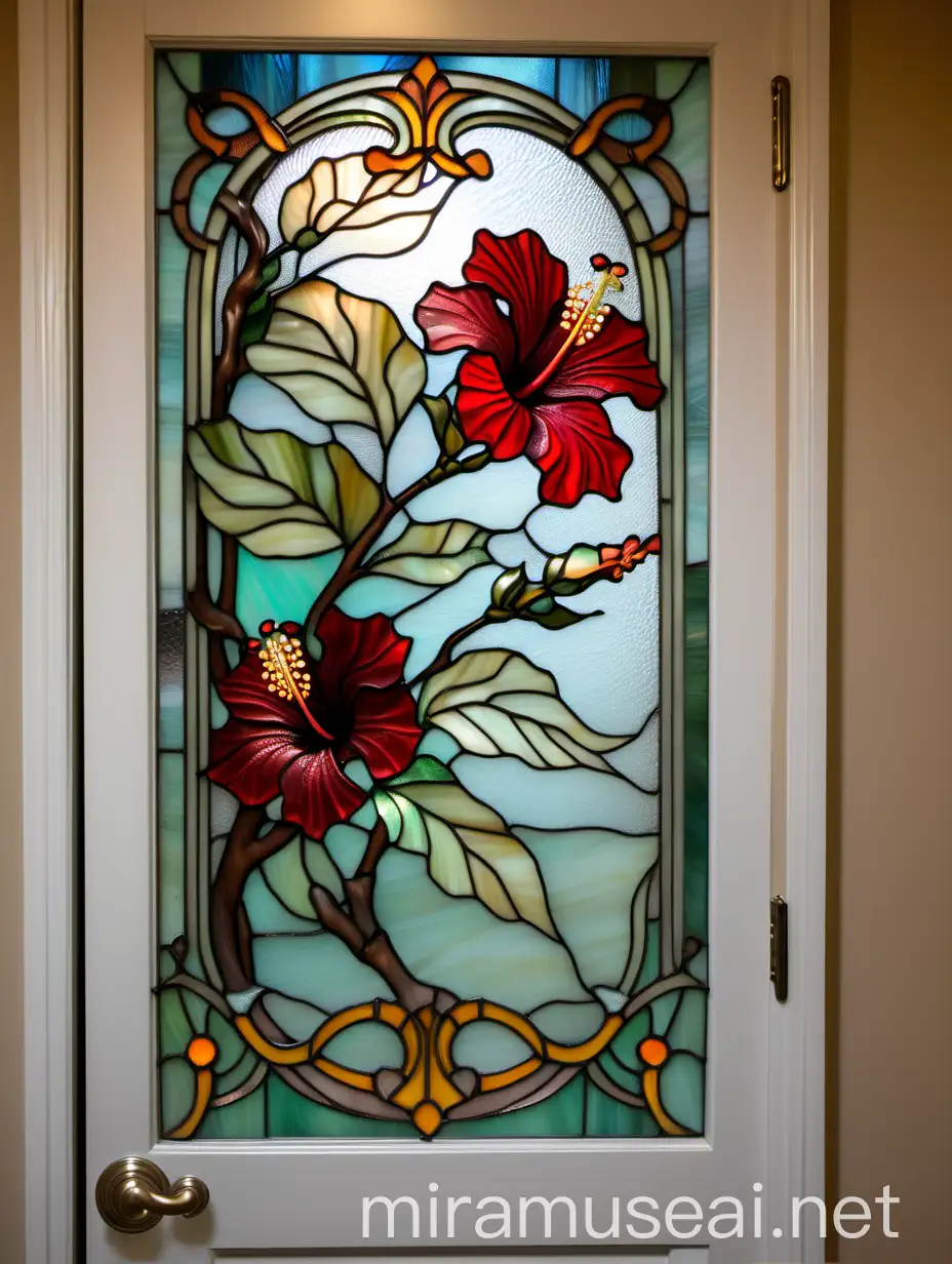 Art Nouveau Tiffany Stained Glass Bathroom Door with Hibiscus Branch