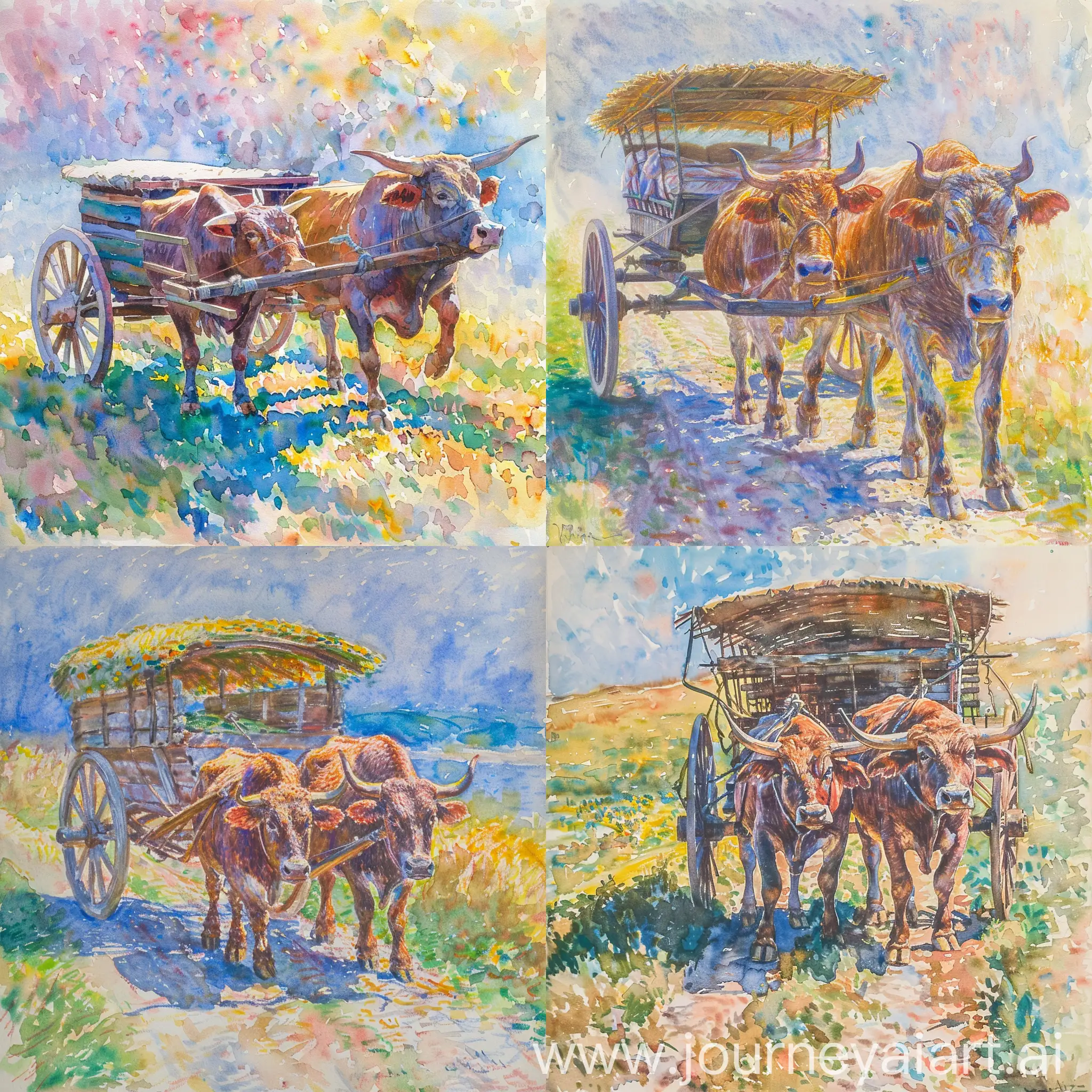 Monets-Luminous-Watercolor-Traditional-Paraguayan-Cart-Pulled-by-Oxen