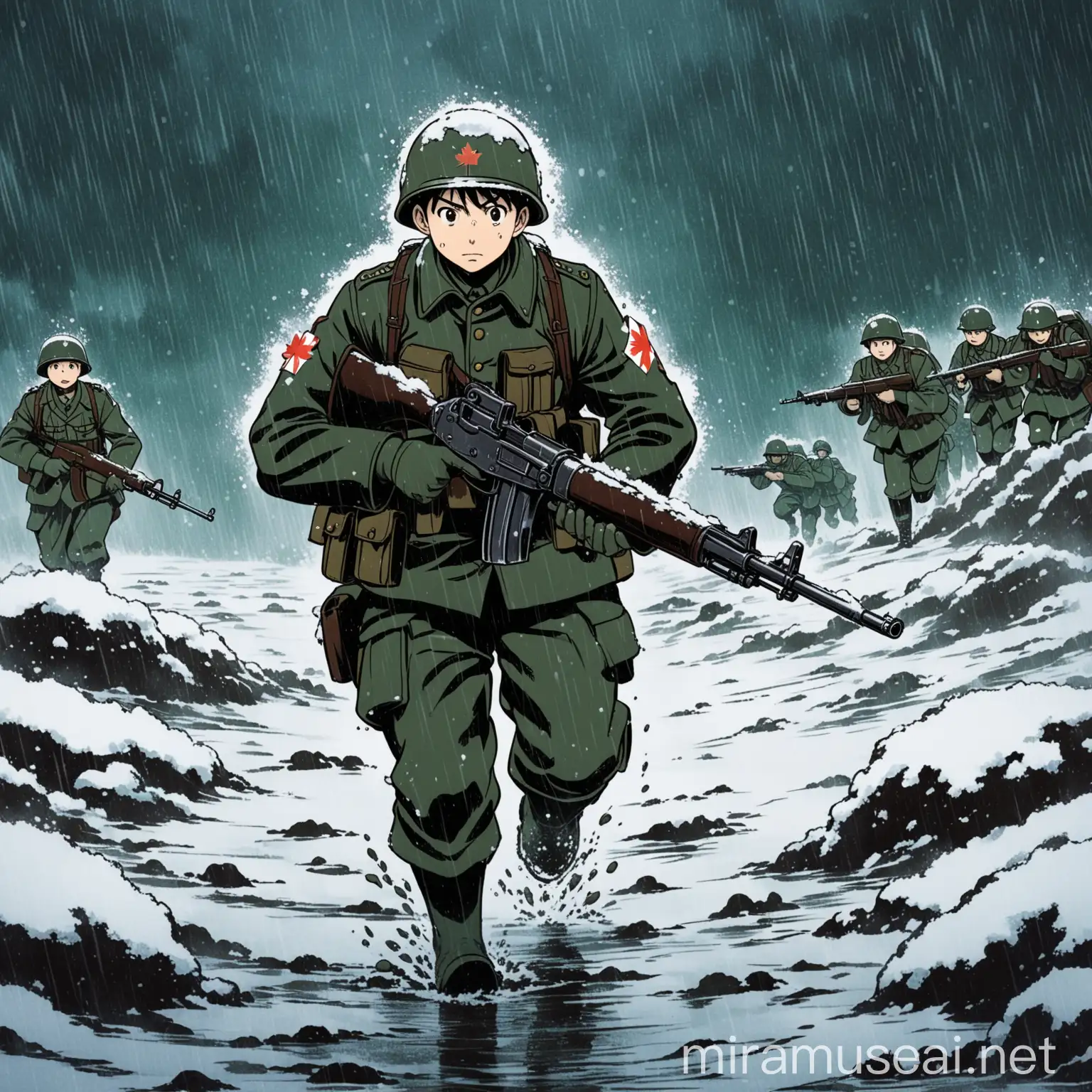 Canada as anime soldier.Studio ghibli vibe,old style anime.Aesthatic,He has gun.Snowy,rainy weather,ground is mud.He has world war 2 armor .He is rushing to enemy line,Studio ghibli detailed.Dramatic,dark atmosphere.Background some soldiers fall down.War images