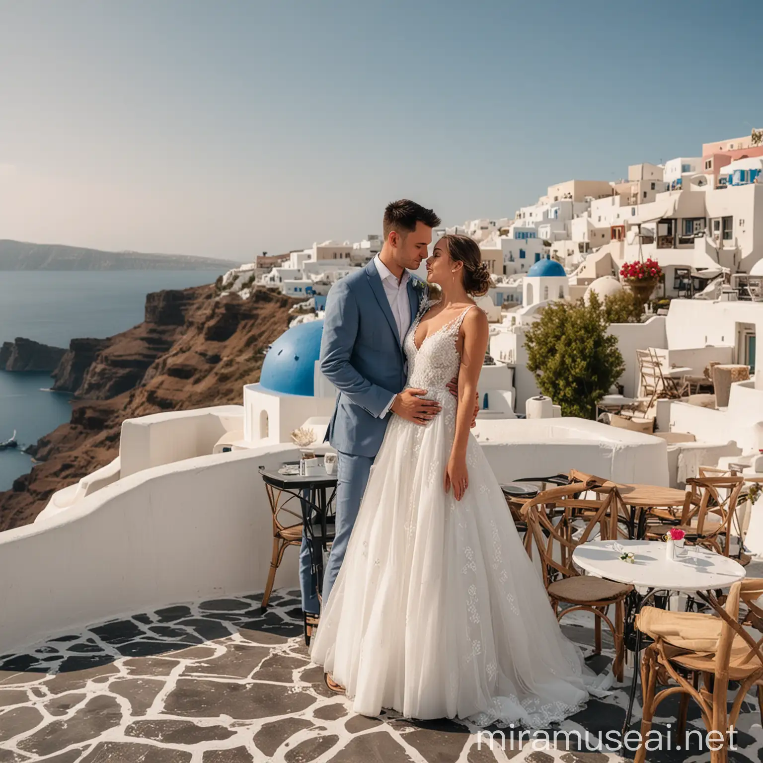 wedding photoshoot in a cafe on Santorini