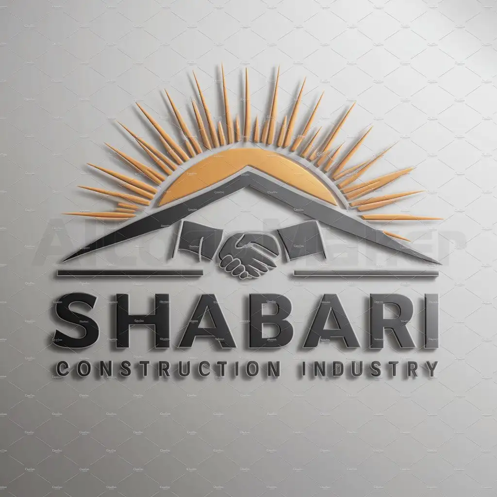 a logo design,with the text "SHABARI", main symbol:Sun at background,Handshake,Roof symbol,Moderate,be used in Construction industry,clear background
