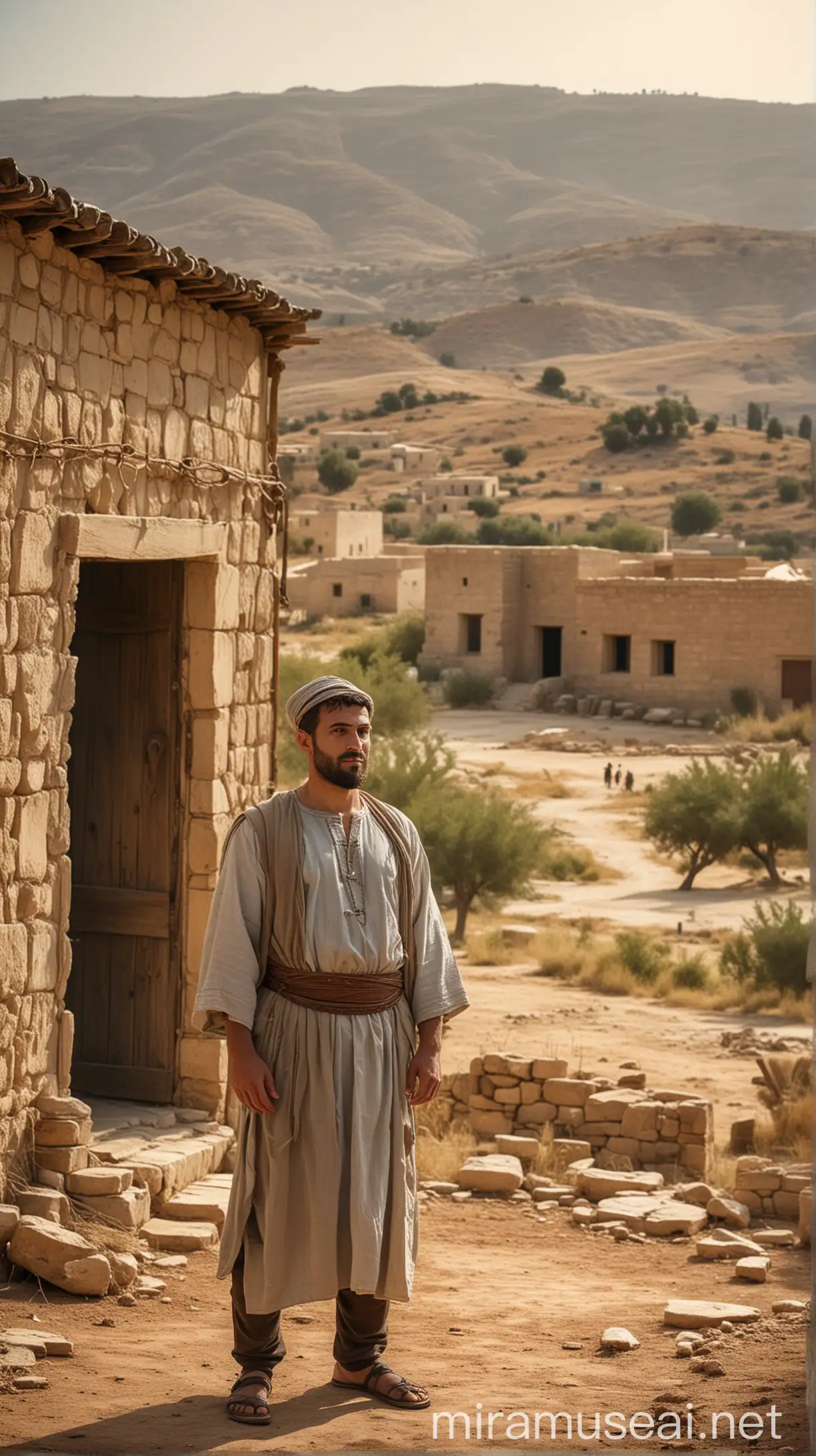 Create an image of Obededom, a man in ancient Hebrew attire, standing in front of a modest home. The background should show a rural landscape typical of the 10th century BC, with simple houses and distant hills."In ancient world 