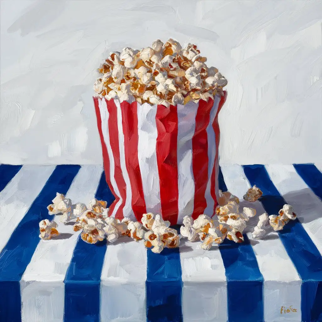 a simple painting of a bag of pop-corn with red and blue stripes