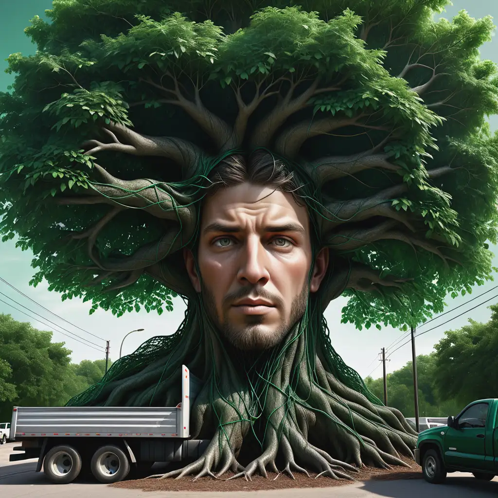 Hyperrealistic Face Emerges from Sturdy Tree with Emerald Green Canopy