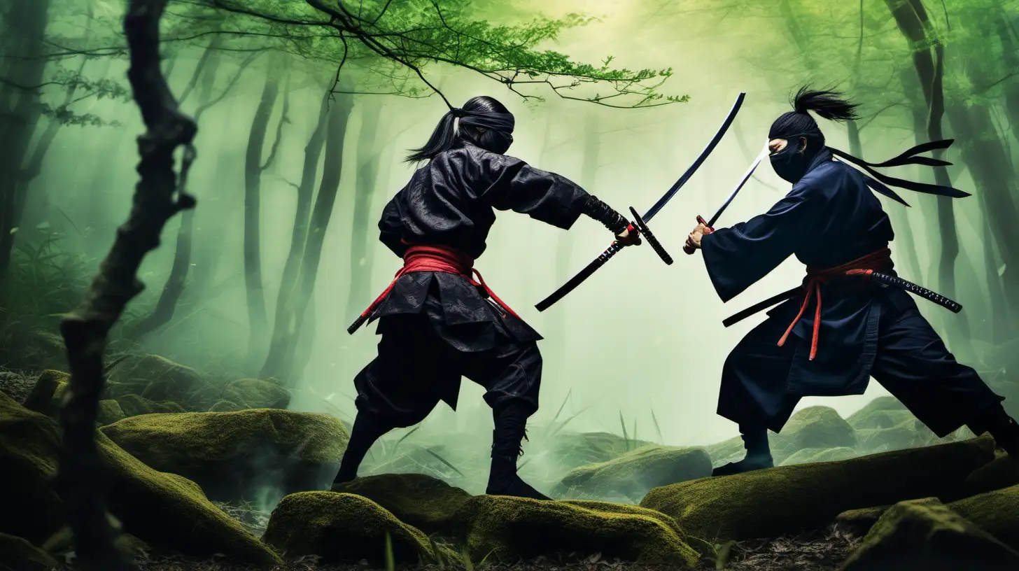 a ninja vs a samurai is dueling in the forest