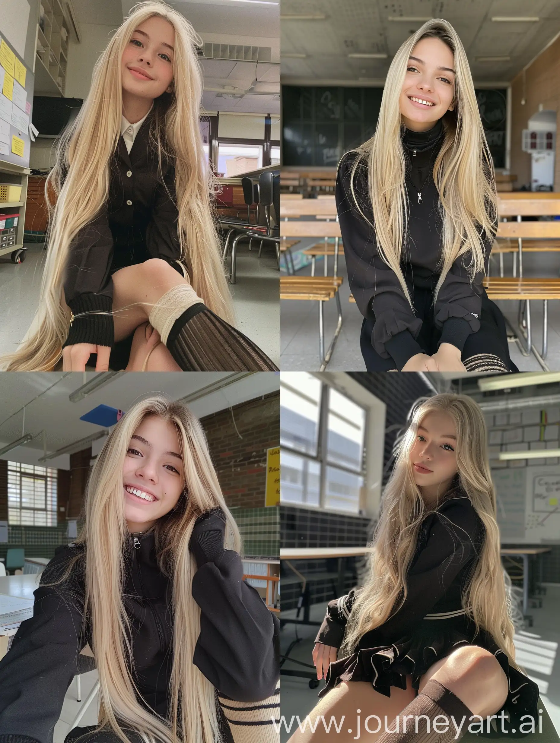 1  girl,    long  blond  hair ,   22  years  old,    influencer,    beauty   ,     in  the  school    ,school black  uniform  ,  makeup,   smiling, chão view,      sitting  on  chair  ,    socks  and  boots,    no  effect,     selfie   , iphone  selfie,      no  filters ,   iphone  photo    natural