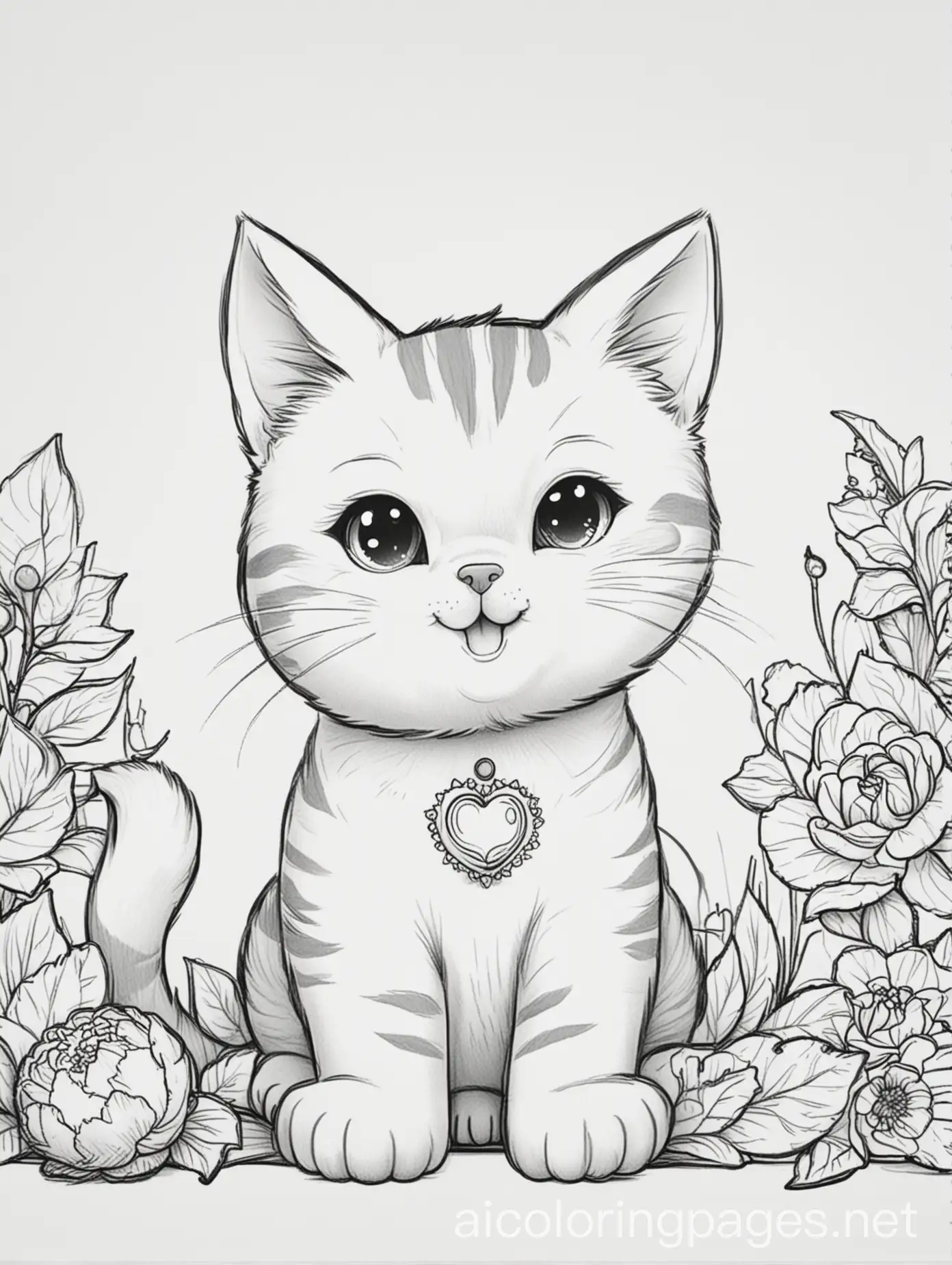 Cheerful-Cat-Coloring-Page-with-Playful-Toys-on-White-Background