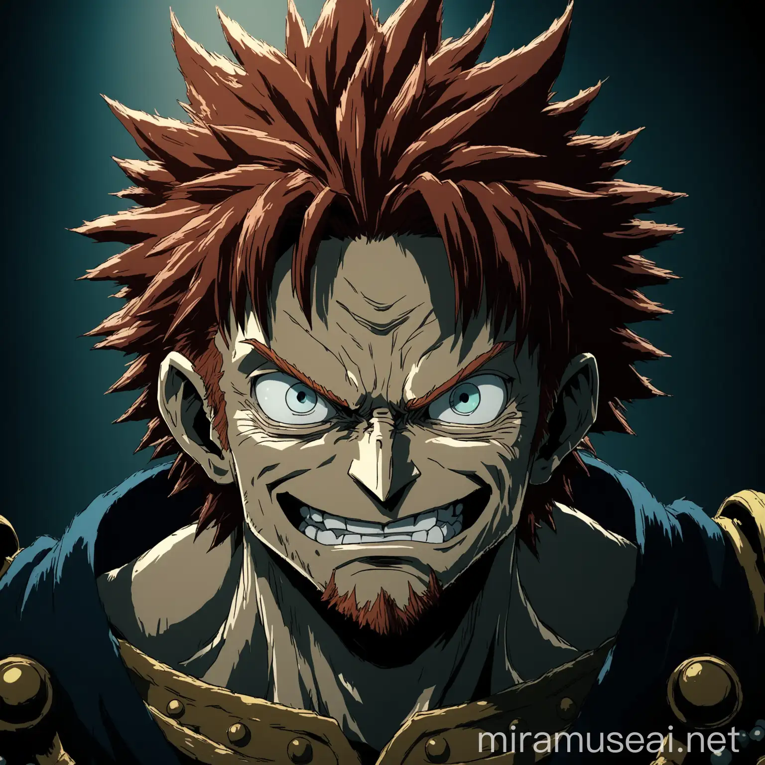 Eustass Kid from One Piece in Studio Ghibli style, menacing smile, gray background, detailed features, high quality, Studio Ghibli, detailed facial expression, dramatic lighting, intense gaze, traditional animation, cool color tones, professional, ultra-detailed, detailed eyes, atmospheric lighting, sligh smirk