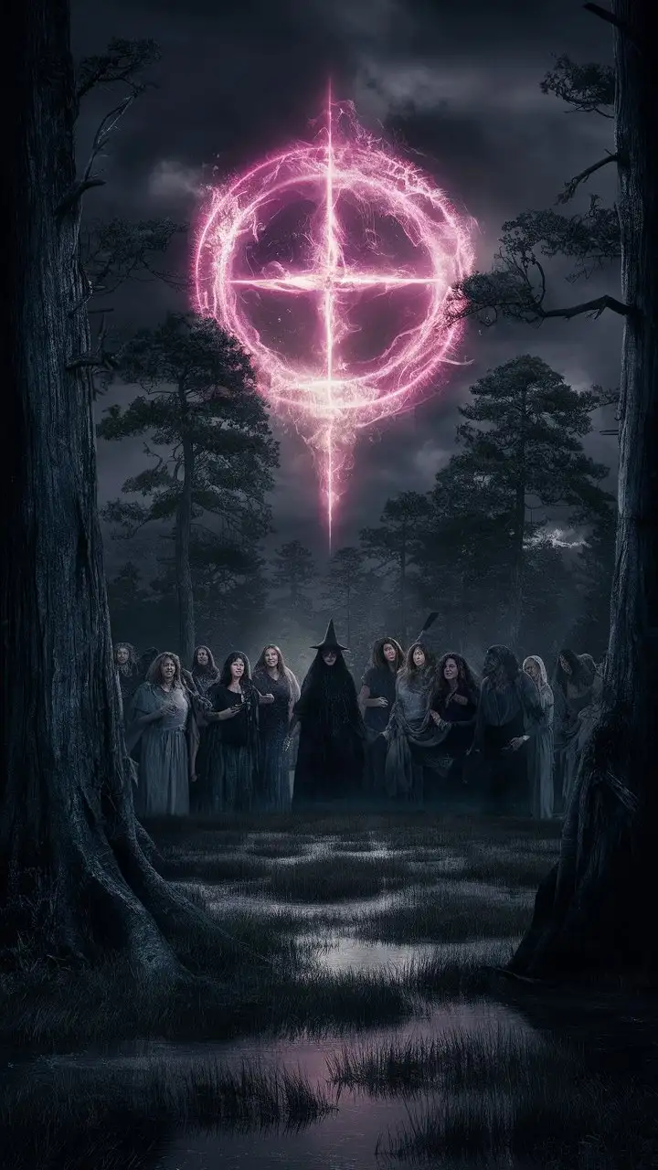 Village Women Howling in Dark Swamp Forest under Luminous Pink Symbol