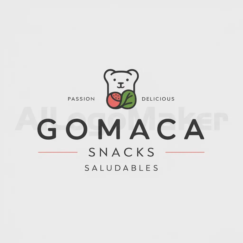 a logo design,with the text "GOMACA snacks saludables", main symbol:Gummy bear with passion fruit and spinach,Minimalistic,be used in Others industry,clear background