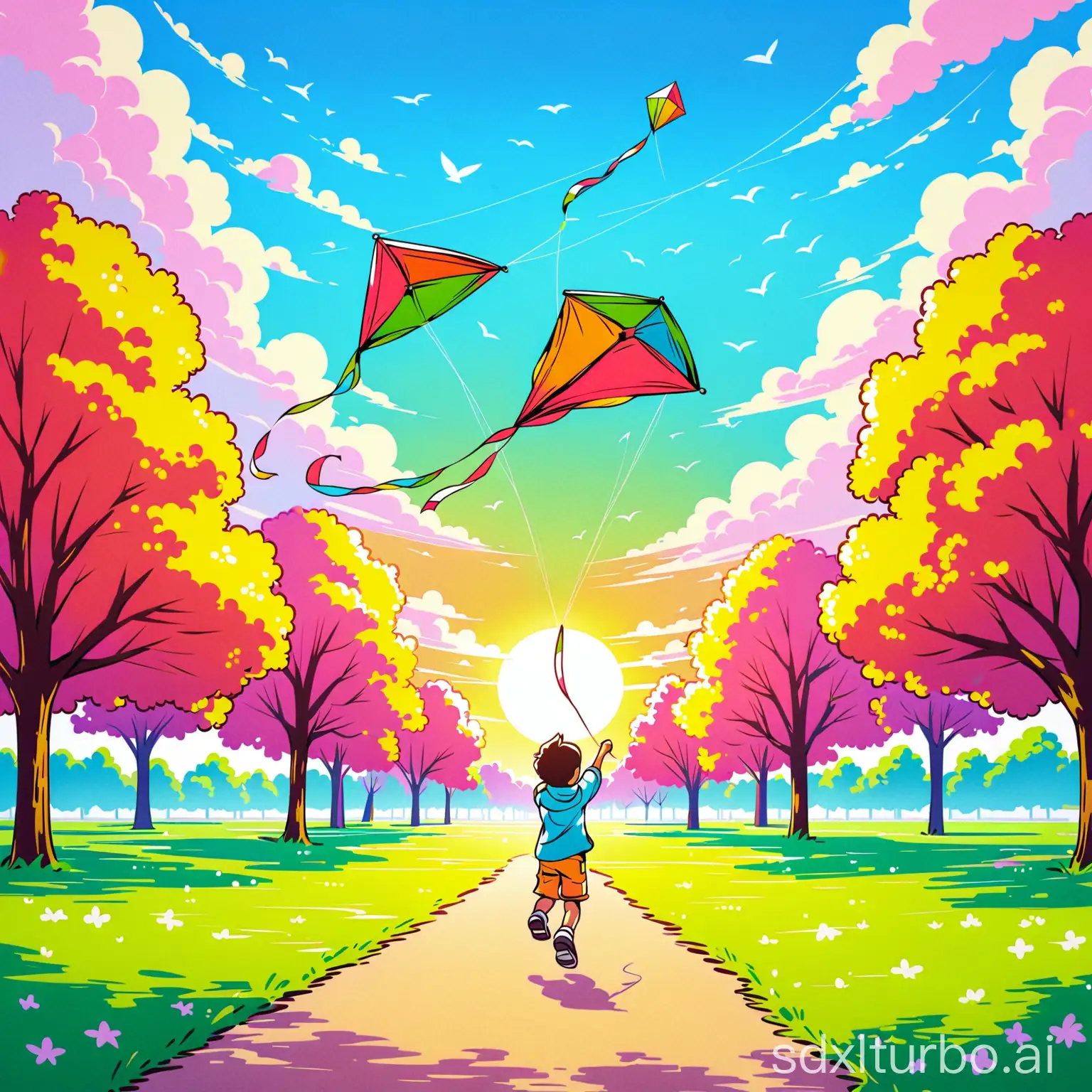 draw a picture about a boy flying a kite in a park ,in spring