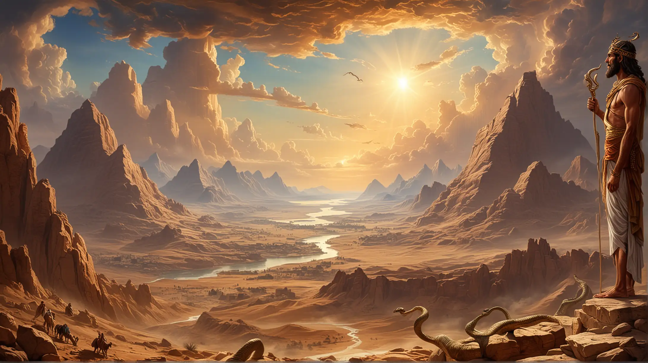God caused Moses and Aaron's rod to become a serpent.  Set in Egypt, Mountains in the distance, and a magnificent sky,