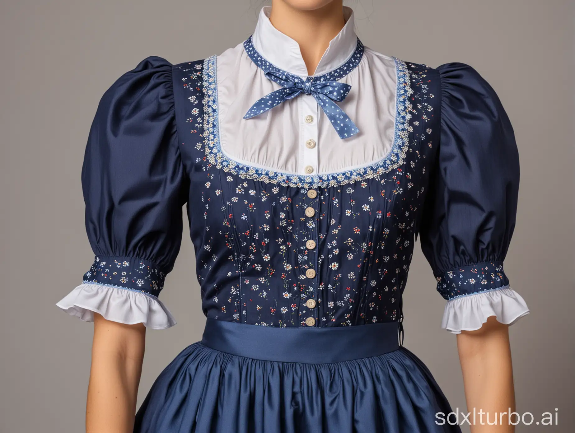 Midi-Dirndl, dark blue with small scattered flowers, light blue apron, puff sleeve blouse, 12 silver, round buttons in front.