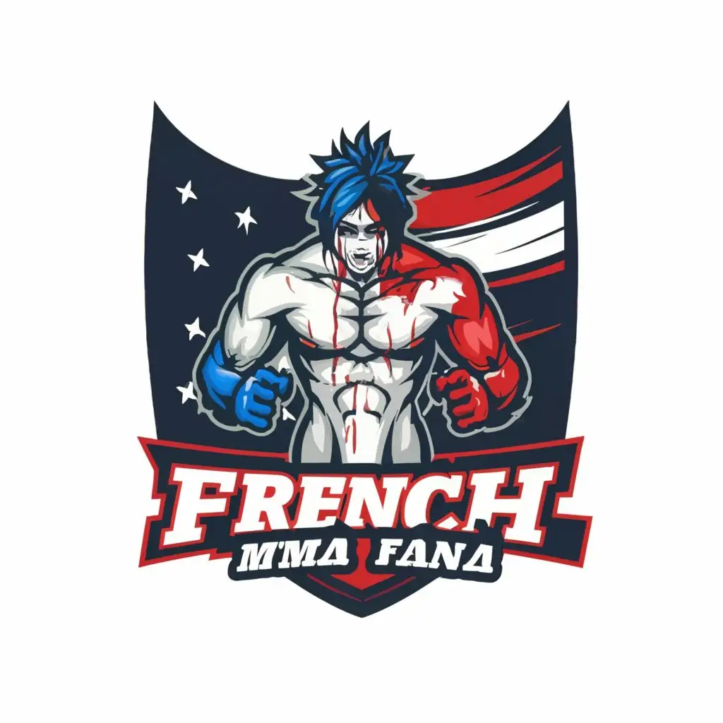 a logo design,with the text "French MMA fans", main symbol:french fighter in an anime style, with blood, french flag,complex,be used in Others industry,clear background