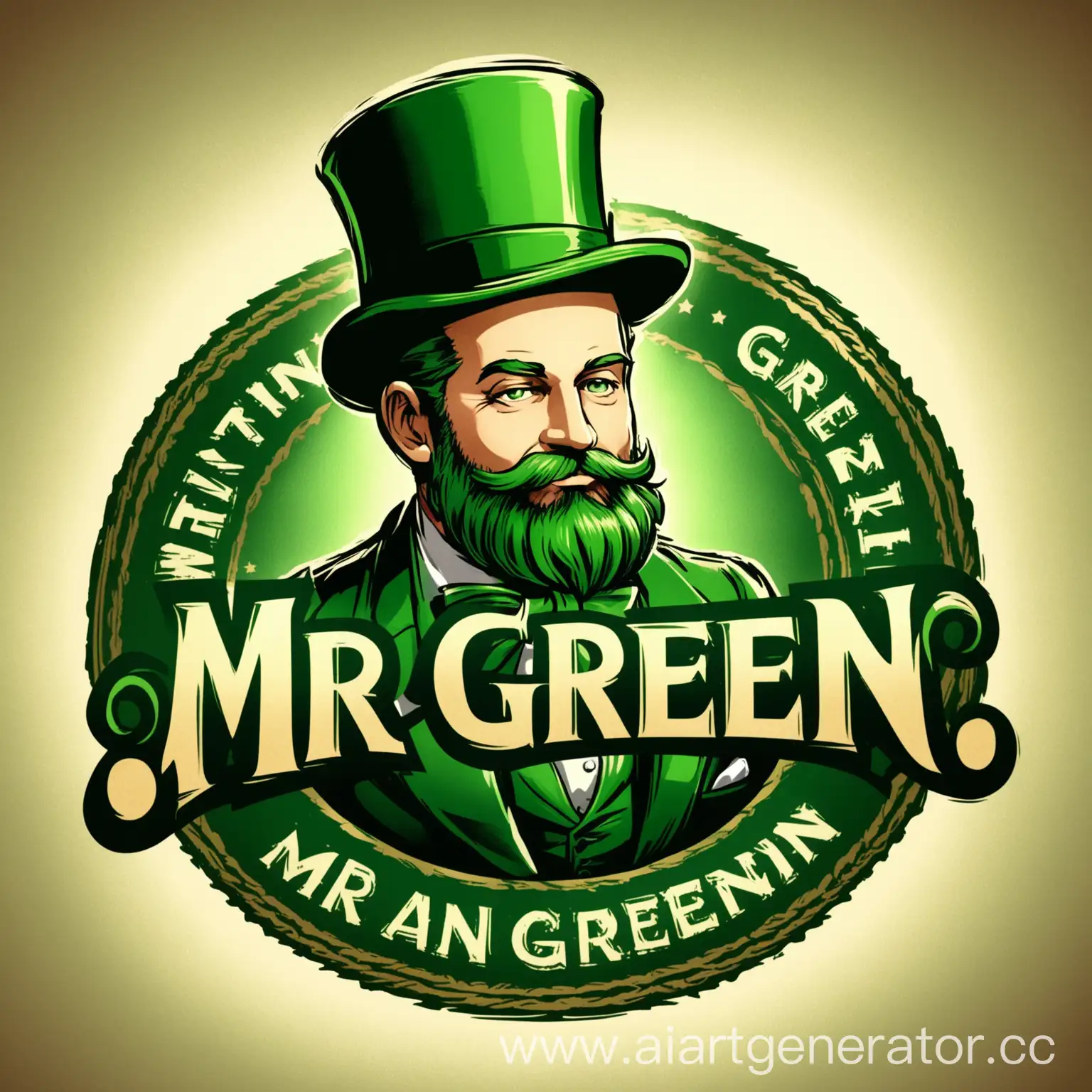 как выглядит мистер грин в костюме и цилиндре лет 40 с бородой чтоб смотрелось красиво в виде логотипа винтаж основная надпись Mr. Green