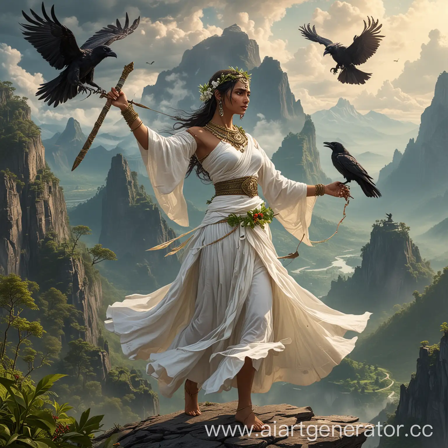 Невинная зеленоглазая королева амазонка в белых одеждах с алебардой в левой руке и вороном на правой руке танцует на горе Кайлас