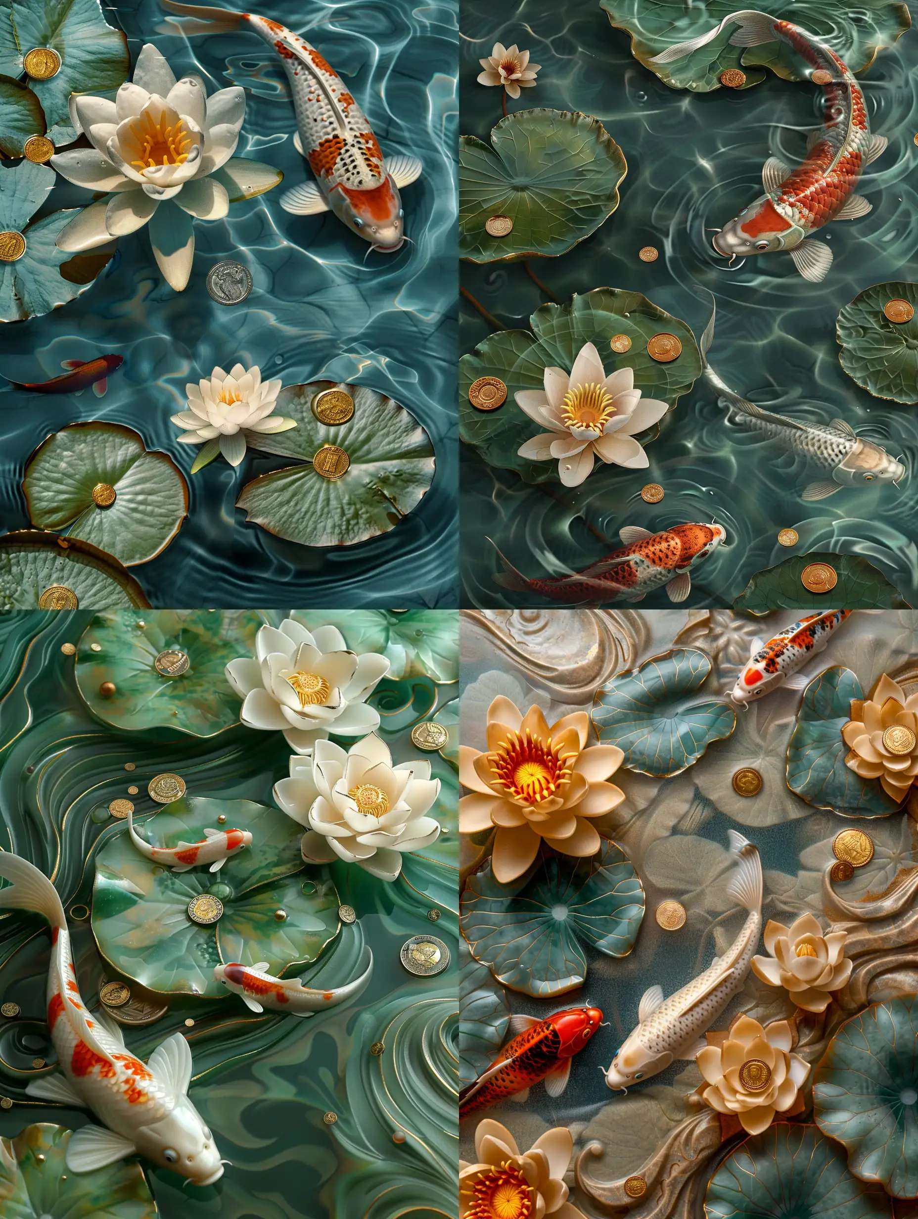 Tranquil-Koi-Pond-with-GoldInlaid-Jade-Carvings-and-Sunlit-Water-Reflections
