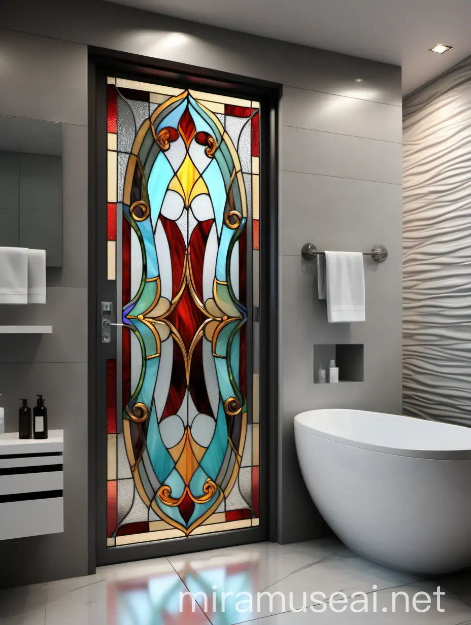 Витражная дверь тиффани в ванной комнате плавные линии из разноцветного стекла