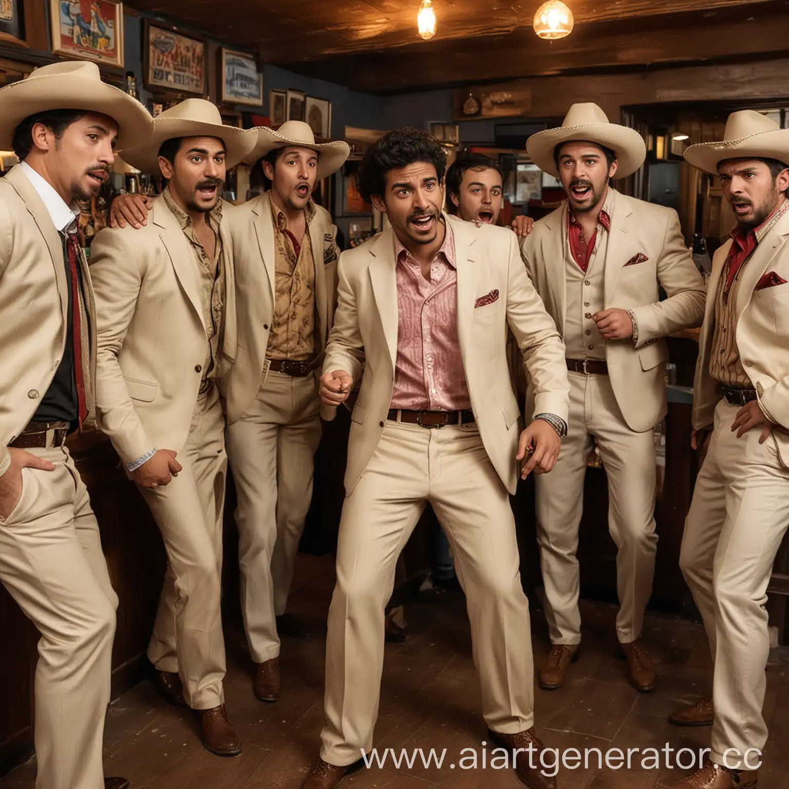 Six-Friends-Engaged-in-a-Rowdy-Brawl-at-a-Vibrant-Mexican-Bar-Over-a-Beige-Suit