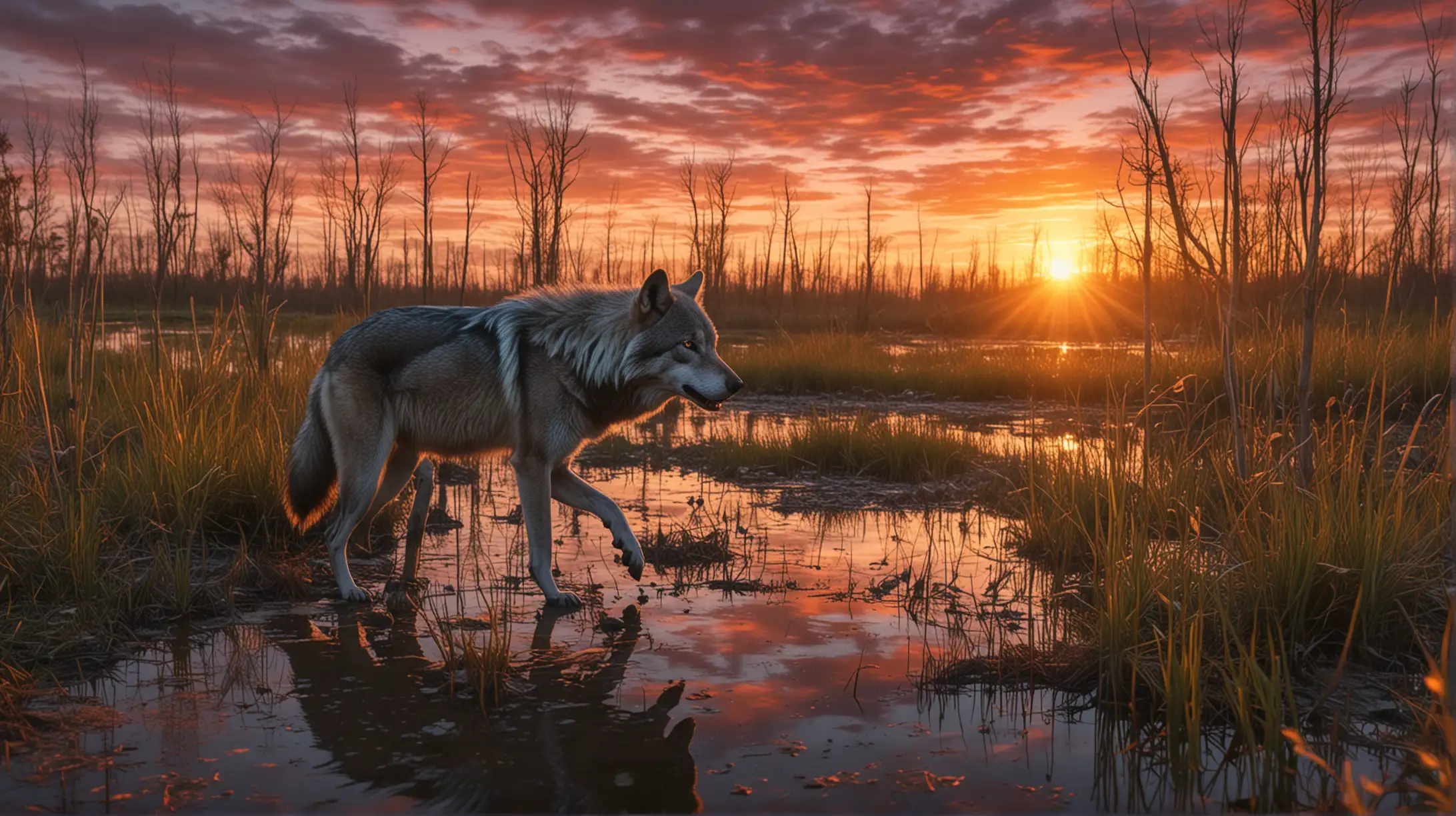 Old Grey Wolf Stealing Through Wetlands at Sunset Psychedelic View