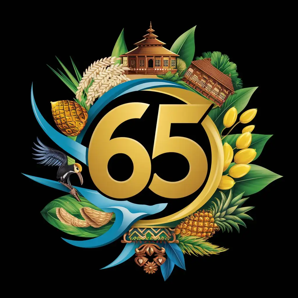 Create a logo with elements of rice, cotton, rumah betang, river, hornbill, pineapple fruit, dayak ornament, with dominant colors of blue, green and golden yellow, in the middle of the logo add the number 65.