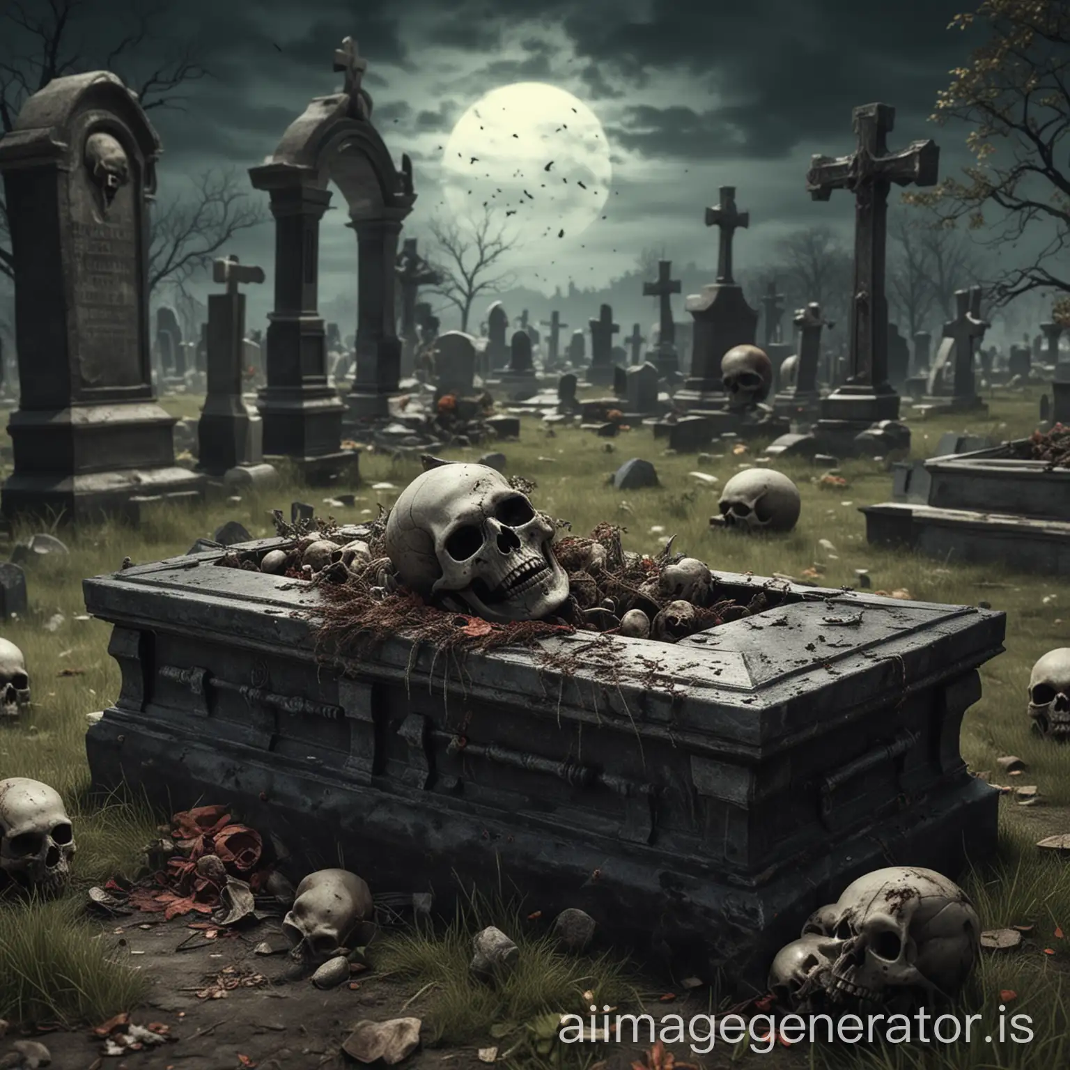 请生成一张埋骨之地场景图，图中要包含棺材、骷髅、僵尸元素
