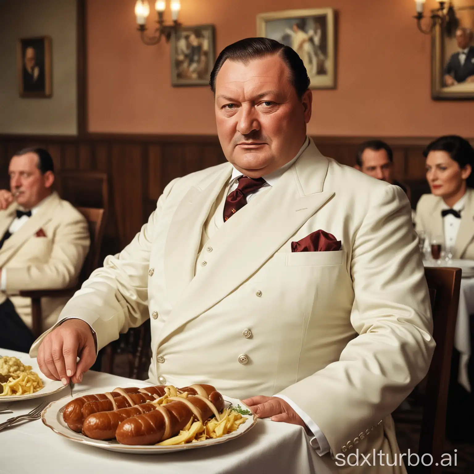 old color photo depicting fat Hermann Göring in white tuxedo sitting German restaurant with lots of bratwurst on a plate