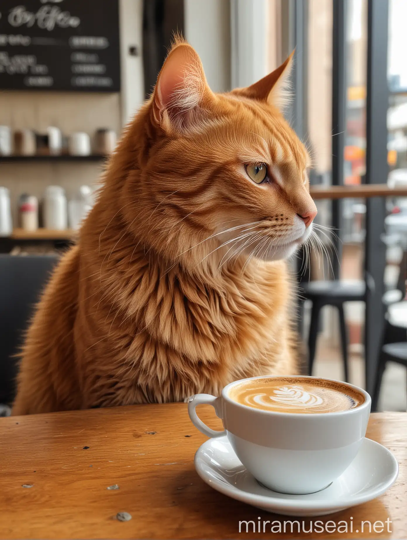 a orange cat sits in a coffee shop drinking coffee