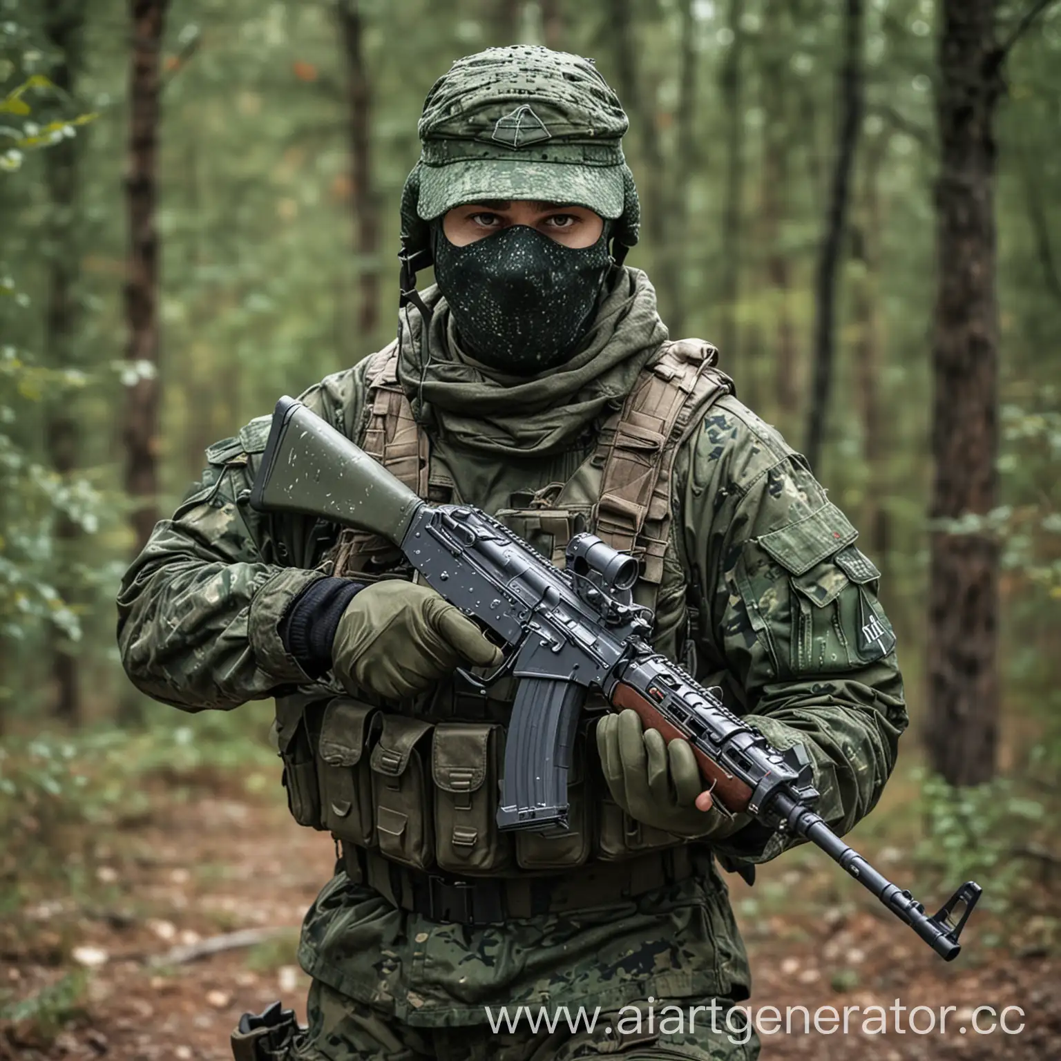 Наёмник в лесу в зелёной военной форме с камуфляжем "пиксель", в рук автомат АК-74М, руки в перчатках, часть лица закрыто маской, в кармане лежит рация. (Реалистичное, детализированное)