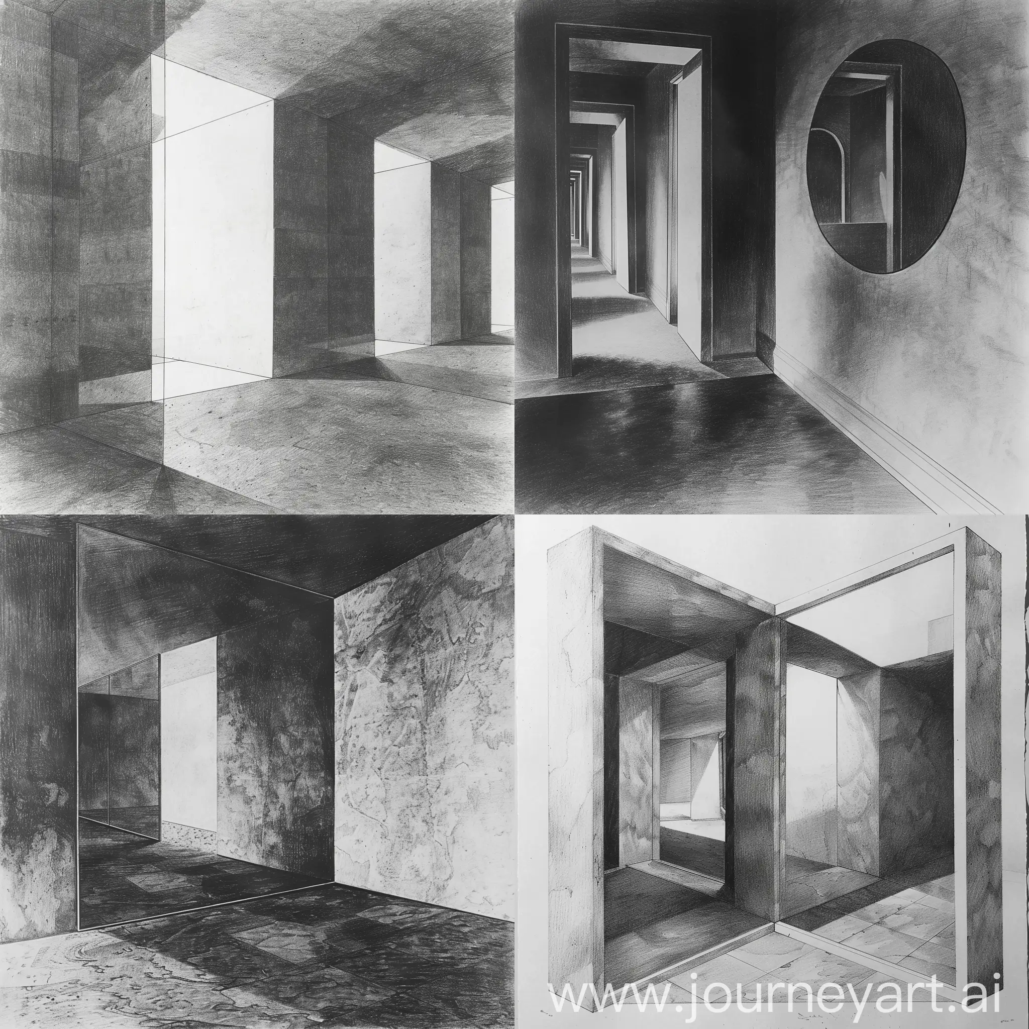 pencil drawing, black and white, museum, mirror, windowless and doorless room
