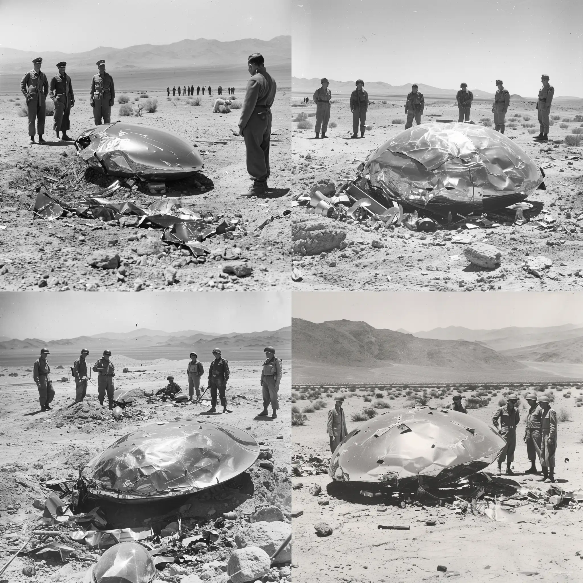 Shiny metallic Flying saucer crash debris field in desert, black & white photo from 1947, with soldiers and scientists standing around, 