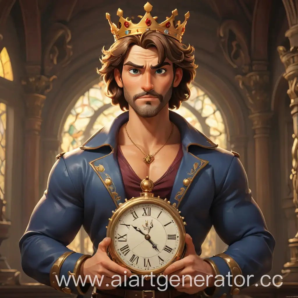 мультяшный красивый сексуальный король держит в руках часы
