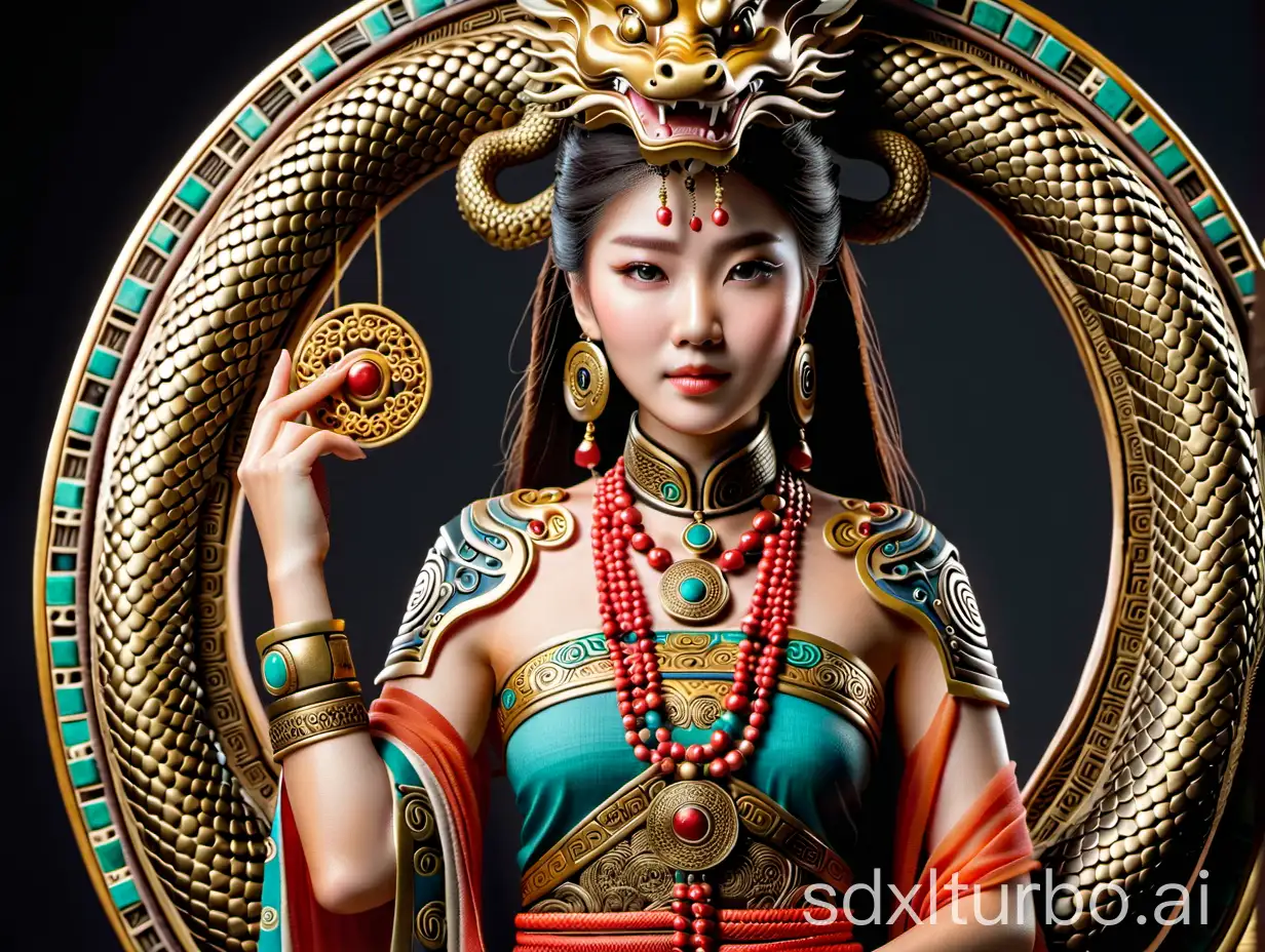 mujer de la asia antigua con muchas joyas con formas de dragones
