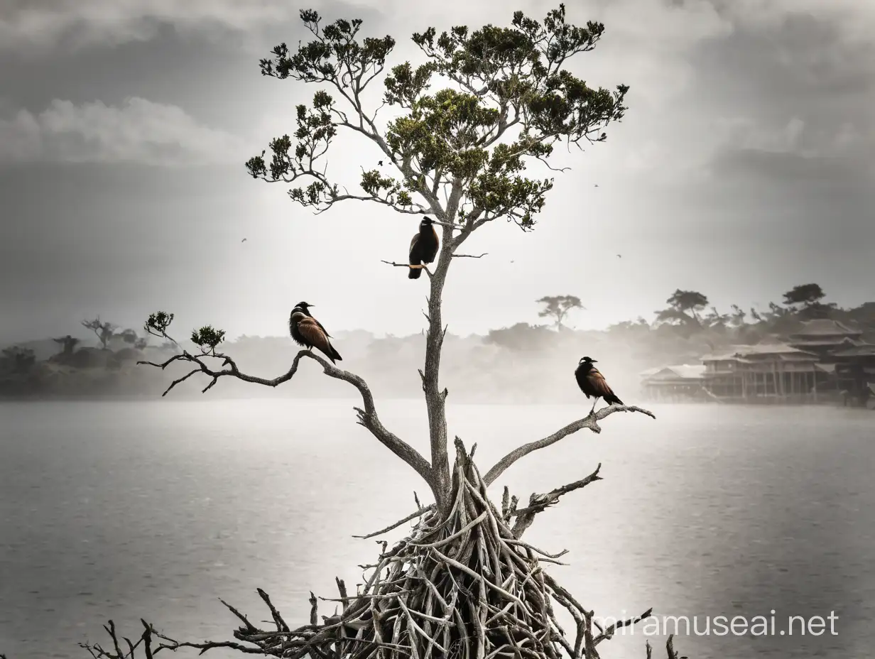 Stoic Tree Braving Wind with Nesting Birds