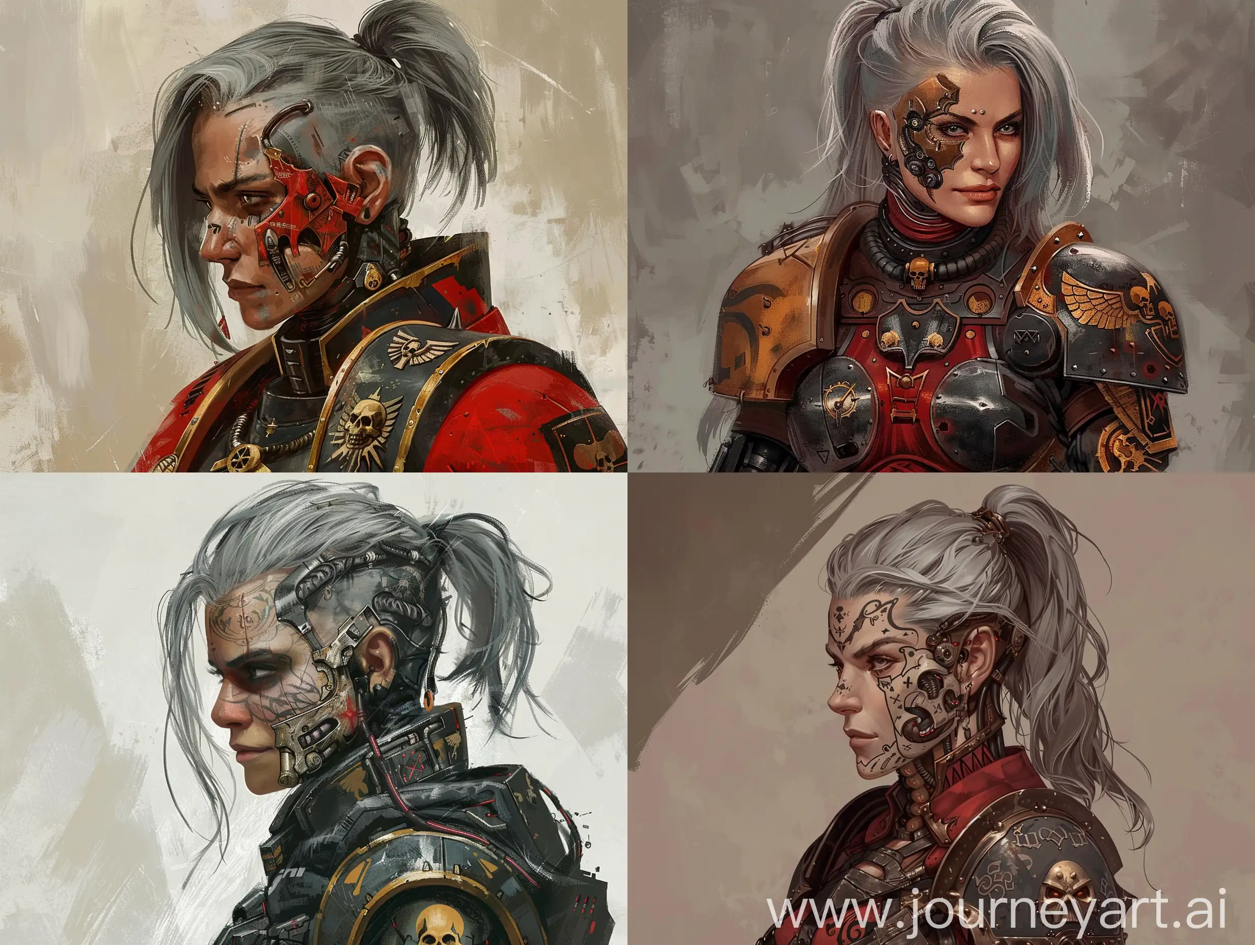 female, Warhammer 40K, with grey hair, charismatic leader, partially cyborg, face tattoo, full body length, comic style, by artgerm, guy denning, jakub rozalski, magali villeneuve and charlie bowater