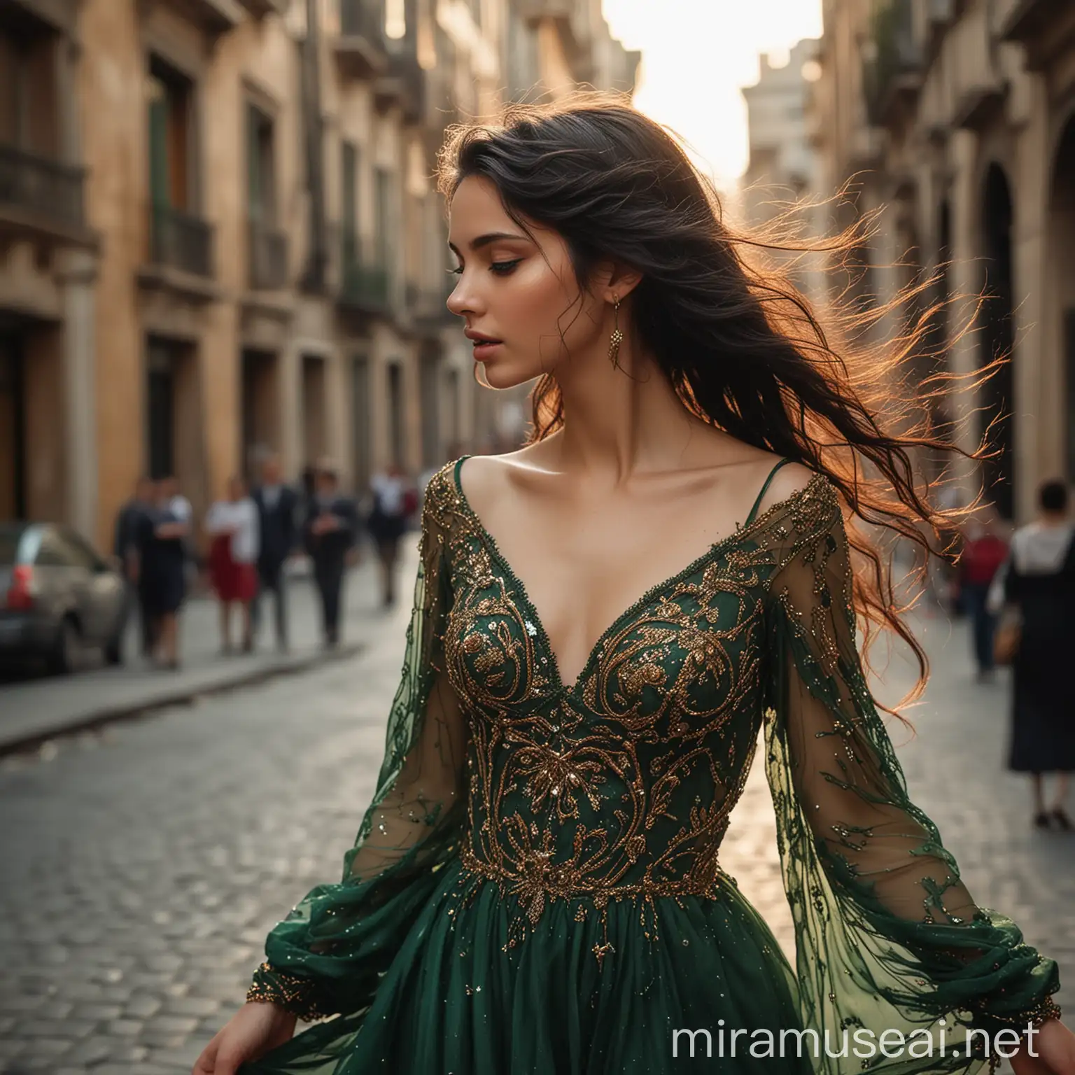In a bustling city square, amidst the vibrant chaos of life, there she stood—a vision of ethereal beauty. Her olive skin glowed under the golden rays of the setting sun, casting a warm radiance around her. Strands of jet-black hair danced gently in the breeze, framing her delicate features like a work of art. Adorned in a flowing crimson dress that billowed with each graceful step, she exuded an air of confidence and mystery. Her eyes, a mesmerizing shade of emerald green, sparkled with intelligence and kindness, drawing in all who dared to glance her way. She moved with a captivating elegance, effortlessly commanding attention without uttering a single word. In that fleeting moment, she was the embodiment of beauty itself—a timeless muse captured in the chaos of the world.