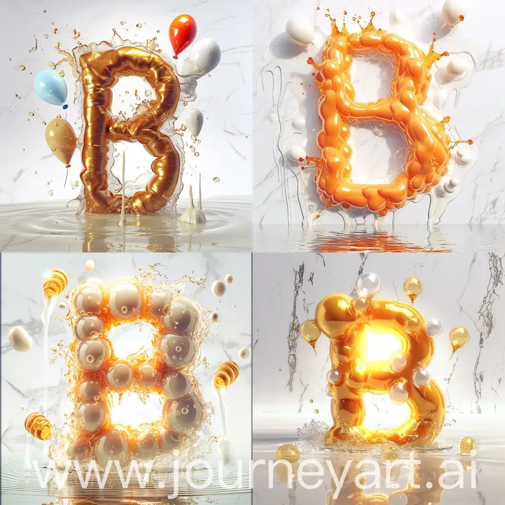 Balloons-Letter-B-Exploding-on-Water-Marble-Texture-Background-with-Slime-and-Honey-Light