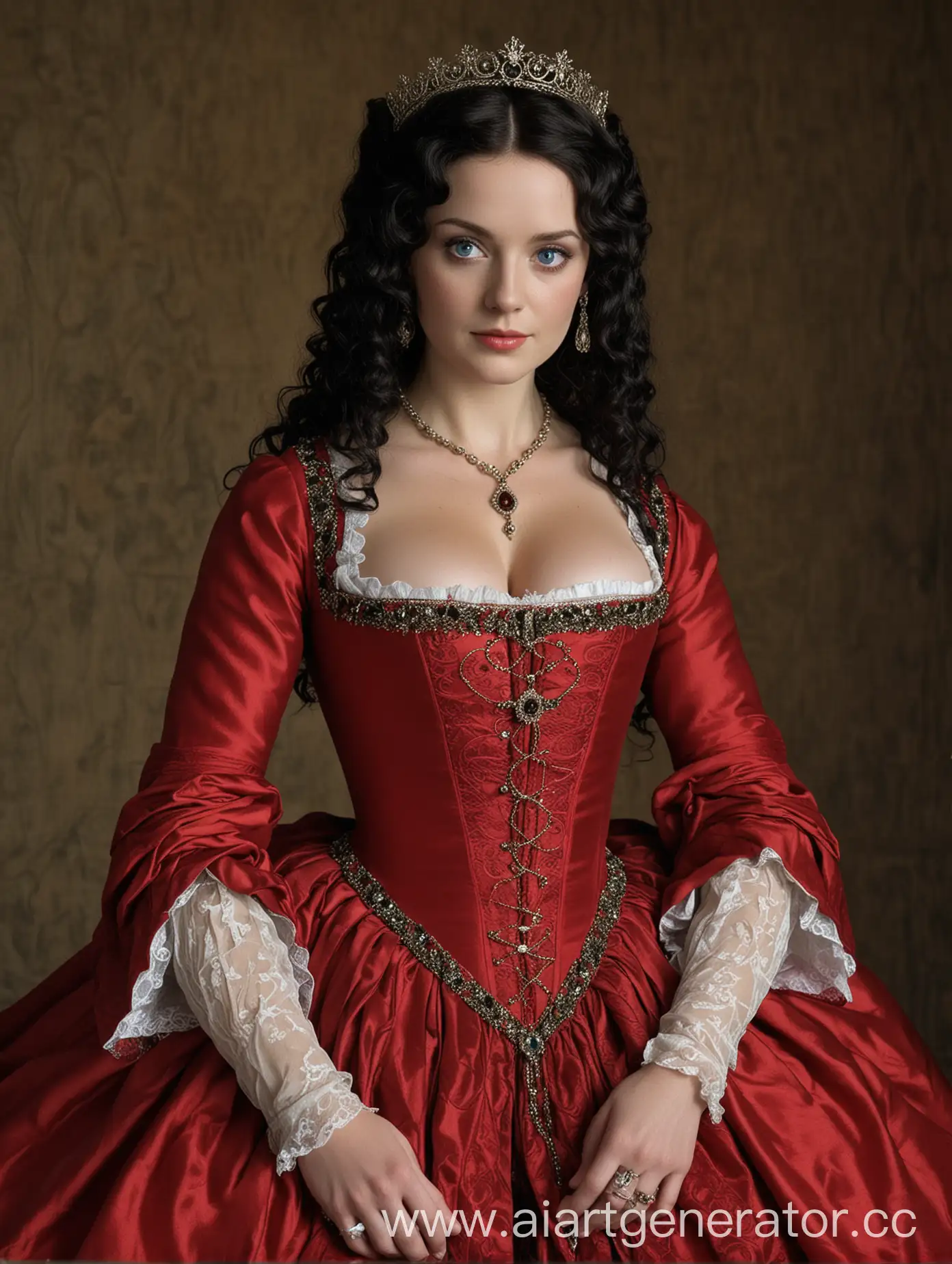 Woman aged 40 she is of English and Irish origin she is 1,65 cm she has blue eyes her long black curly raven hair cascades she has a beautiful shape she is a very pretty woman she has large breasts size E image style 15 century she wears a red floaty skirt and a red bodice style The Tudor and style Anne Boleyn the style of the picture is in the castle of King Henry Viii she was sitting on the throne next to her was King Henry Viii played by the actor Jonathan Rheys Meyers he has blue eyes and black hair
