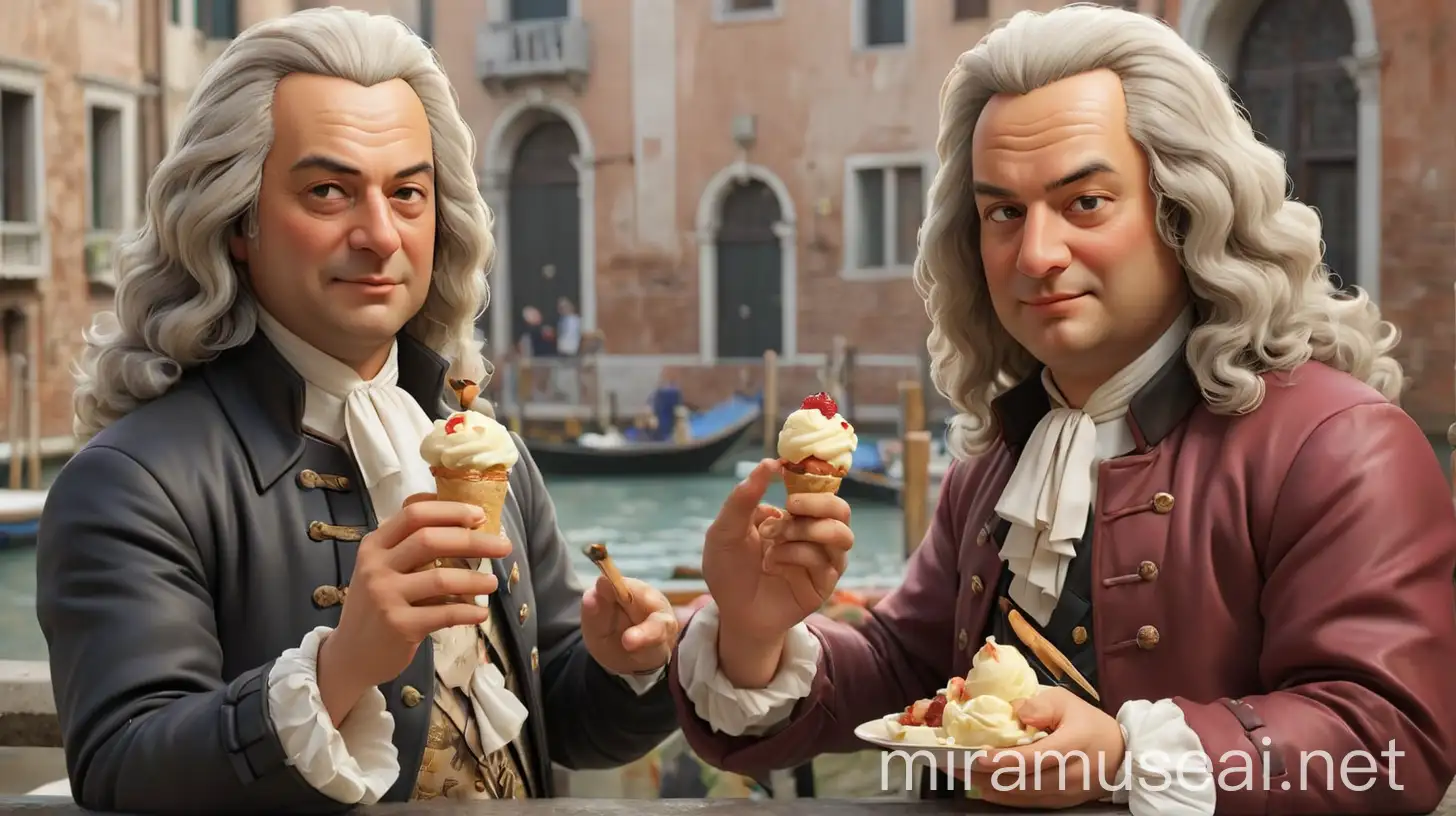 Johann Sebastian Bach sharing a gelato with Antonio Vivaldi in Venice